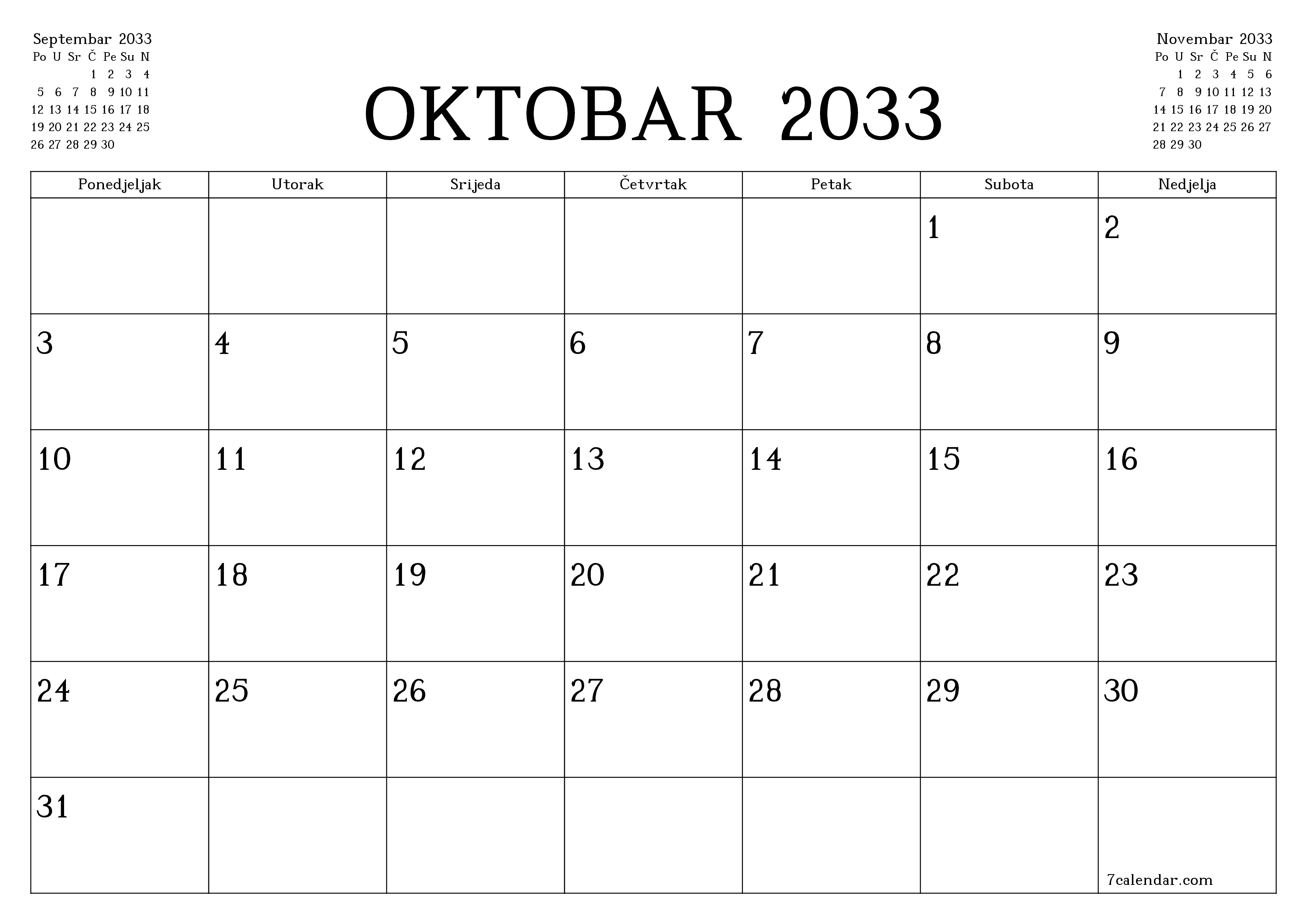 Ispraznite mjesečni planer za mjesec Oktobar 2033 s bilješkama, spremite i ispišite u PDF PNG Bosnian