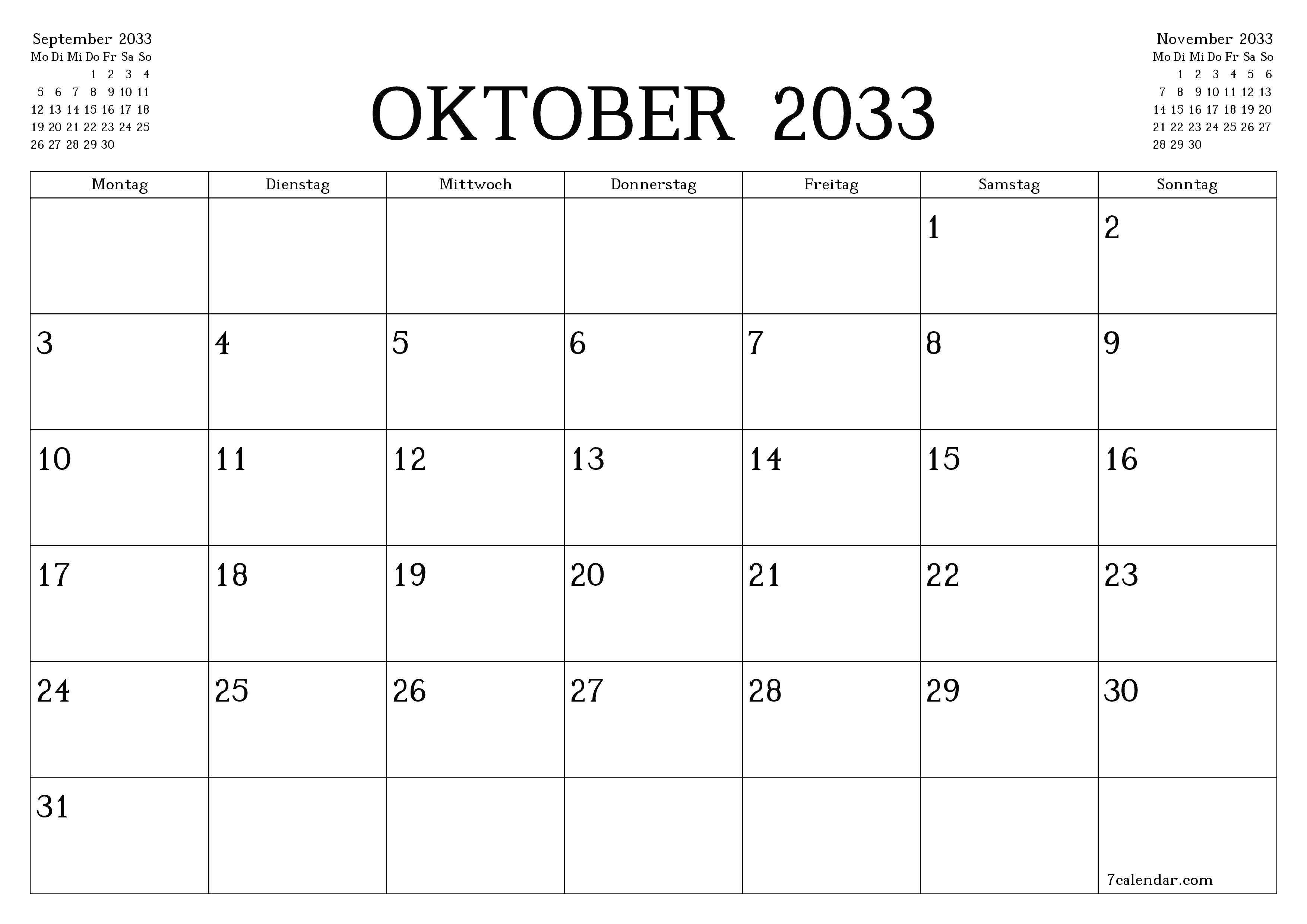 Monatsplaner für Monat Oktober 2033 mit Notizen leeren, speichern und als PDF PNG German - 7calendar.com drucken