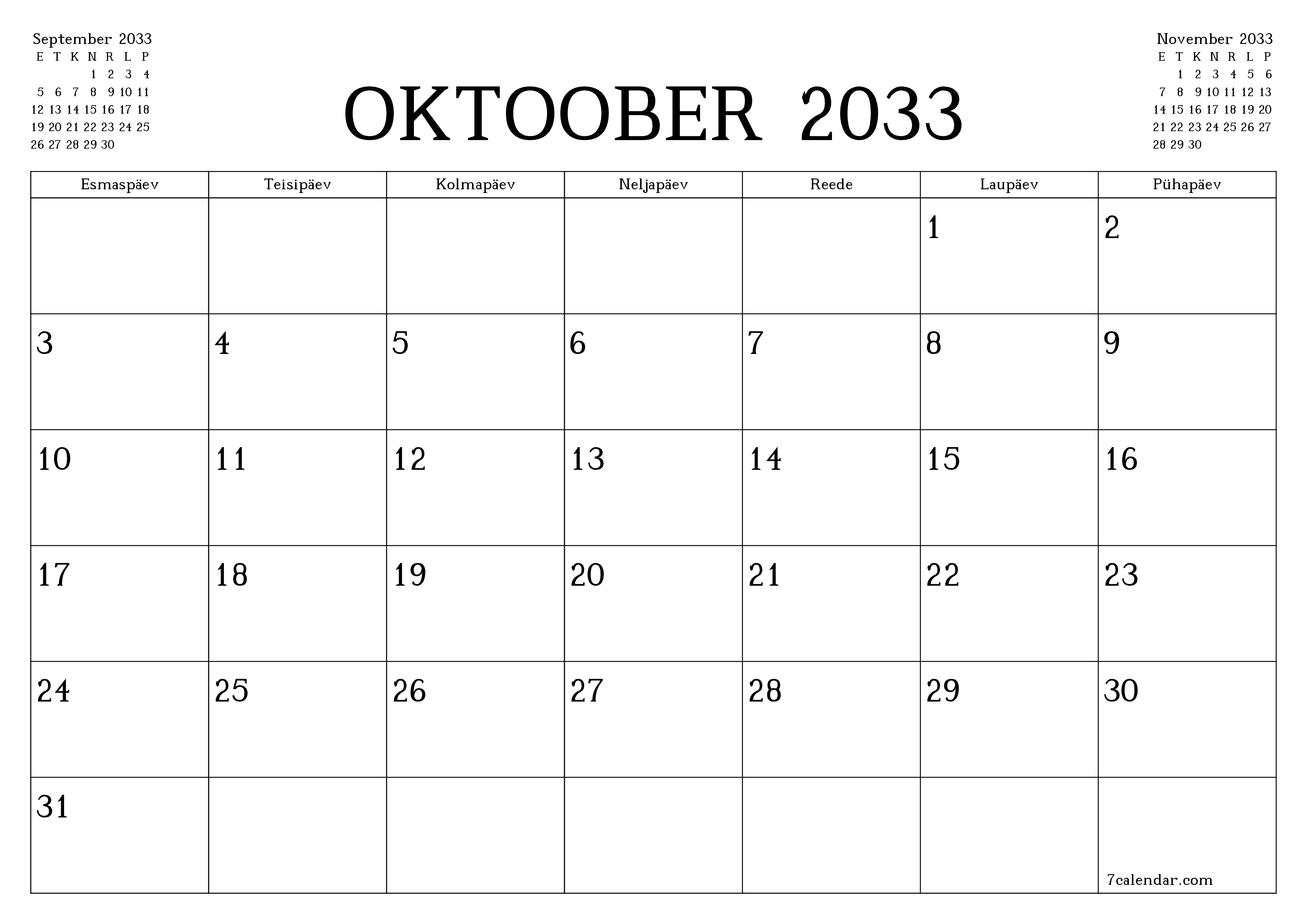 Tühjendage kuu Oktoober 2033 kuuplaneerija märkmetega, salvestage ja printige PDF-i PNG Estonian