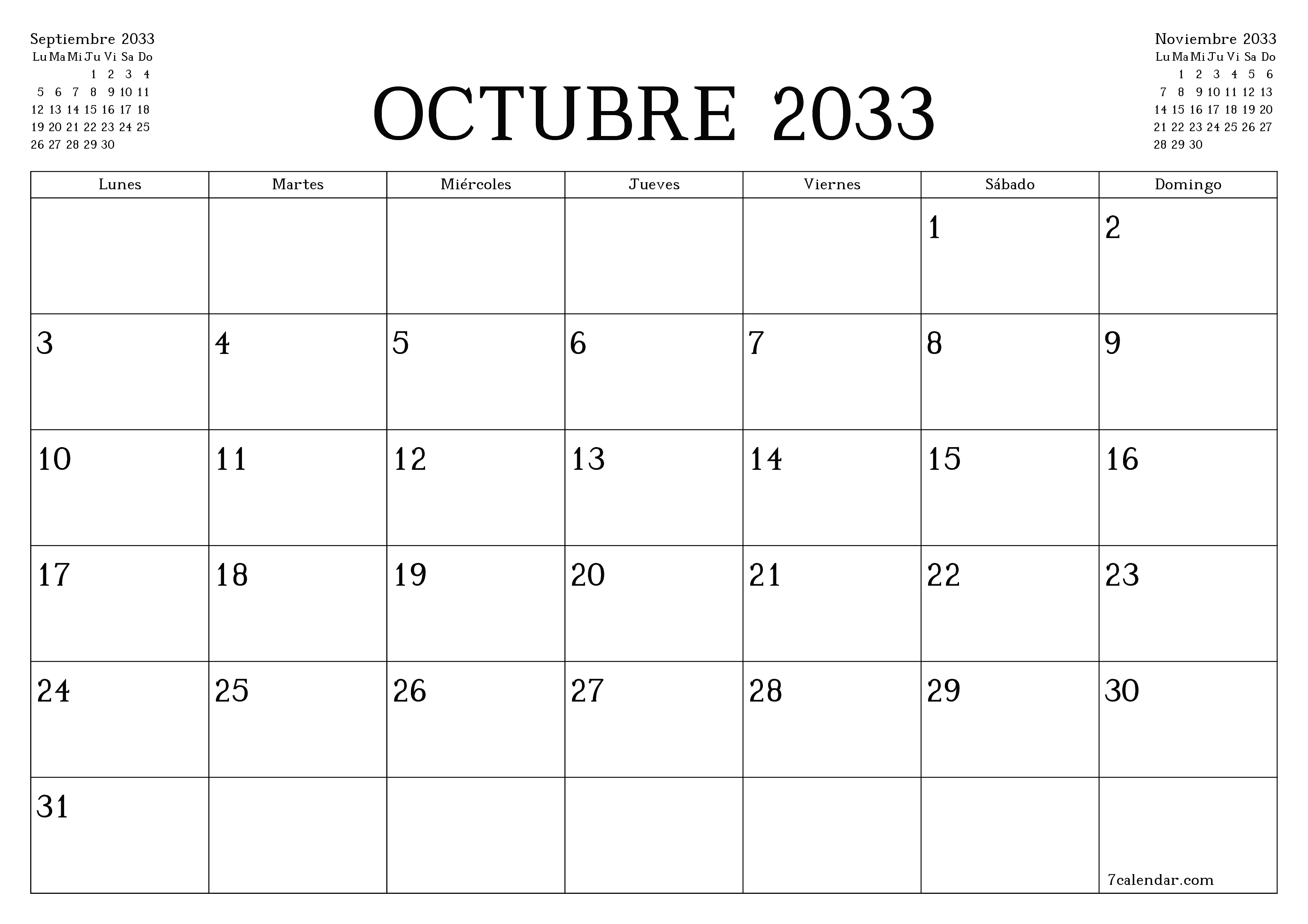 Planificador mensual vacío para el mes Octubre 2033 con notas, guardar e imprimir en PDF PNG Spanish