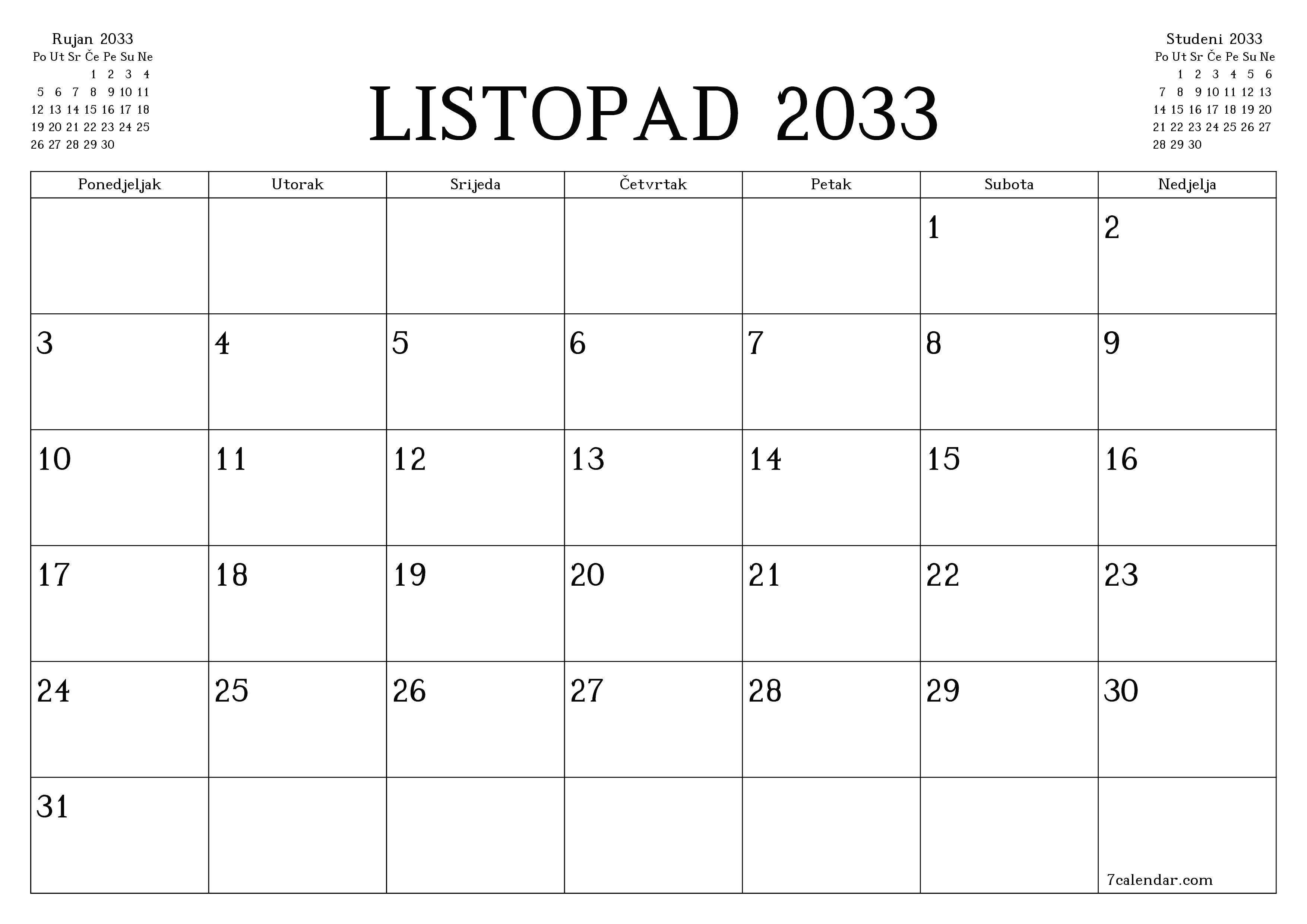 Ispraznite mjesečni planer za mjesec Listopad 2033 s bilješkama, spremite i ispišite u PDF PNG Croatian