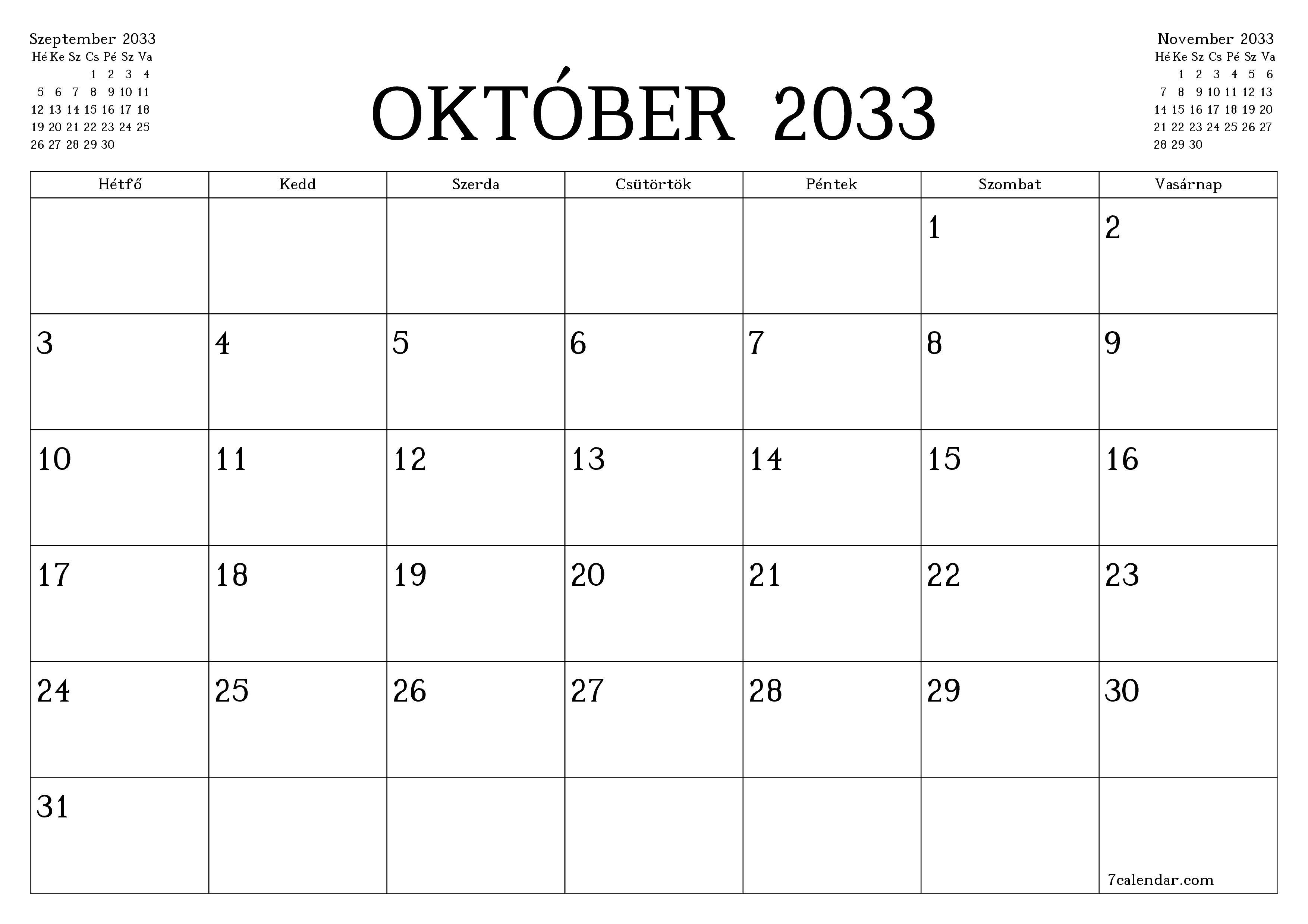 Üres havi tervező a Október 2033 hónapra jegyzetekkel, mentés és nyomtatás PDF-be PNG Hungarian