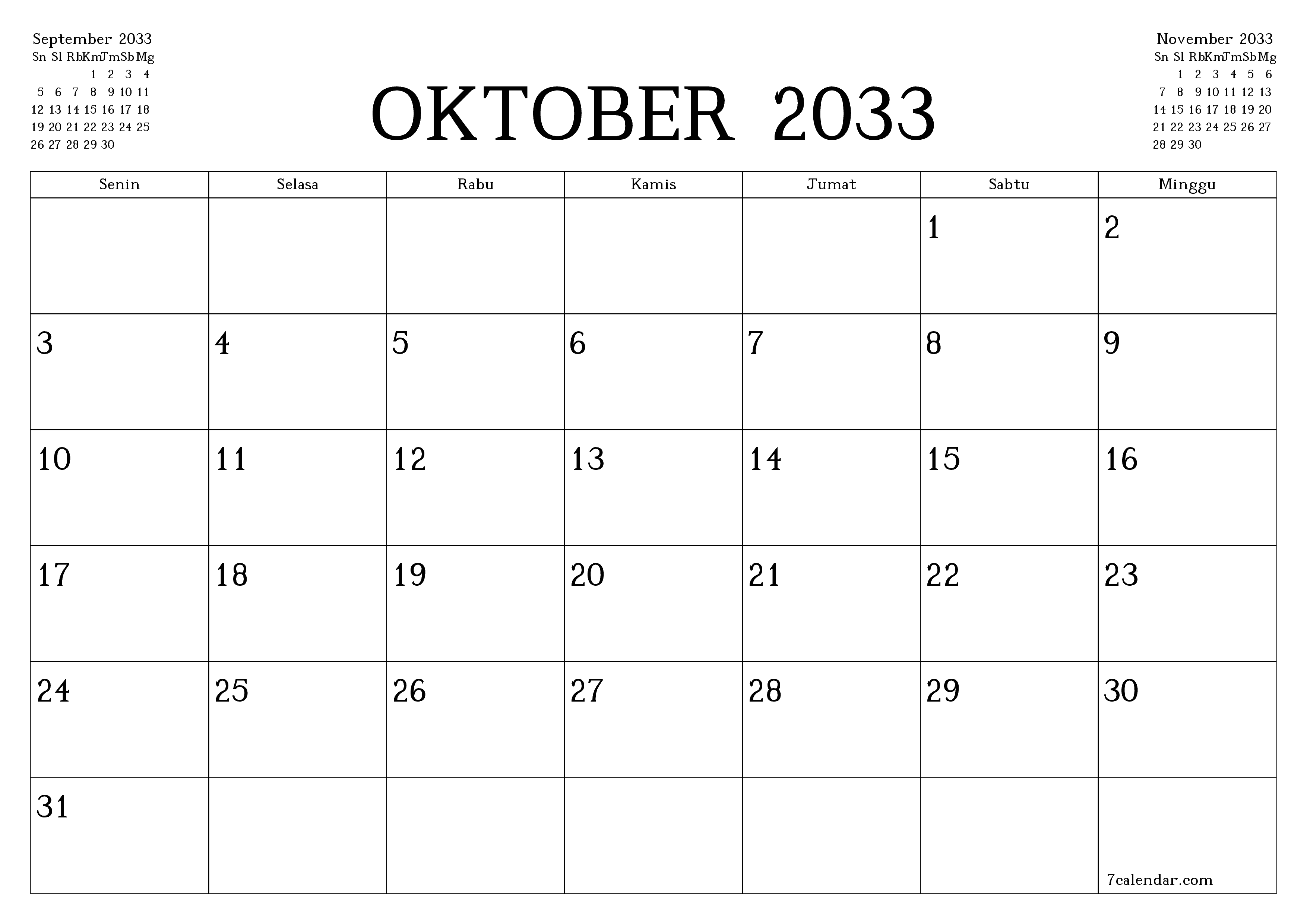 Kosongkan agenda bulanan untuk bulan Oktober 2033 dengan catatan, simpan dan cetak ke PDF PNG Indonesian