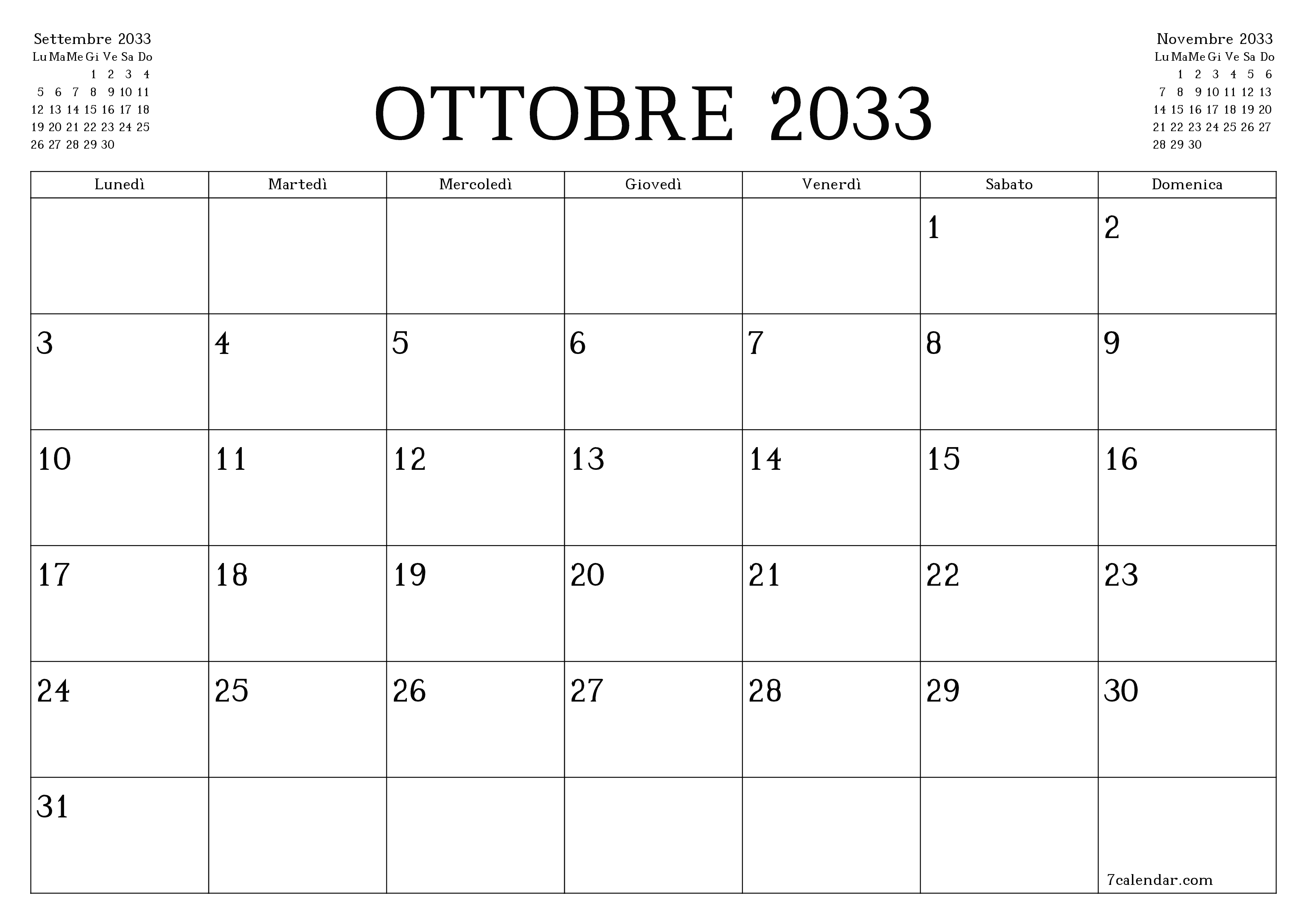 Pianificatore mensile vuoto per il mese Ottobre 2033 con note, salva e stampa in PDF PNG Italian