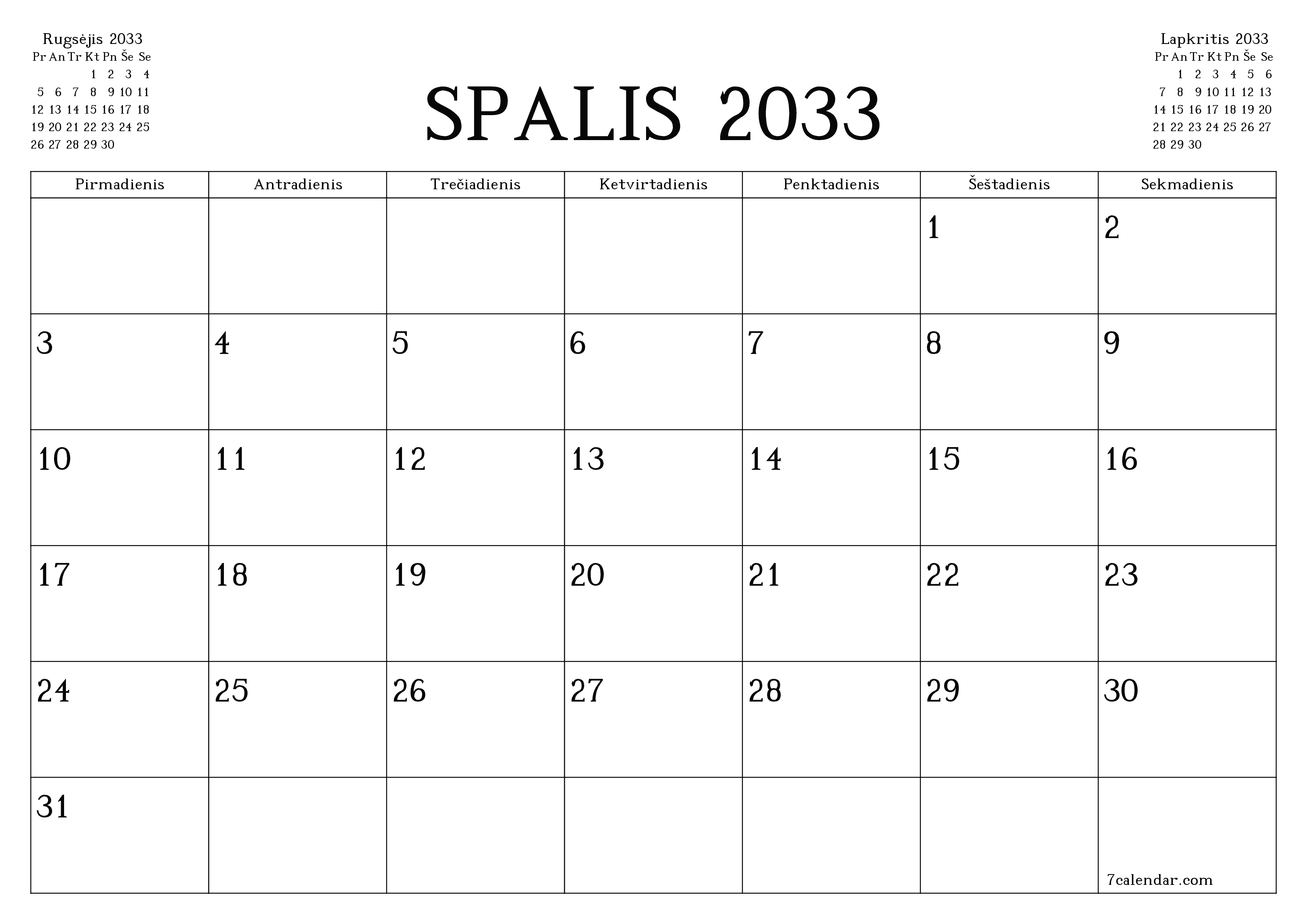 Ištuštinti mėnesio Spalis 2033 mėnesio planavimo priemonę su užrašais, išsaugoti ir atsispausdinti PDF formate PNG Lithuanian