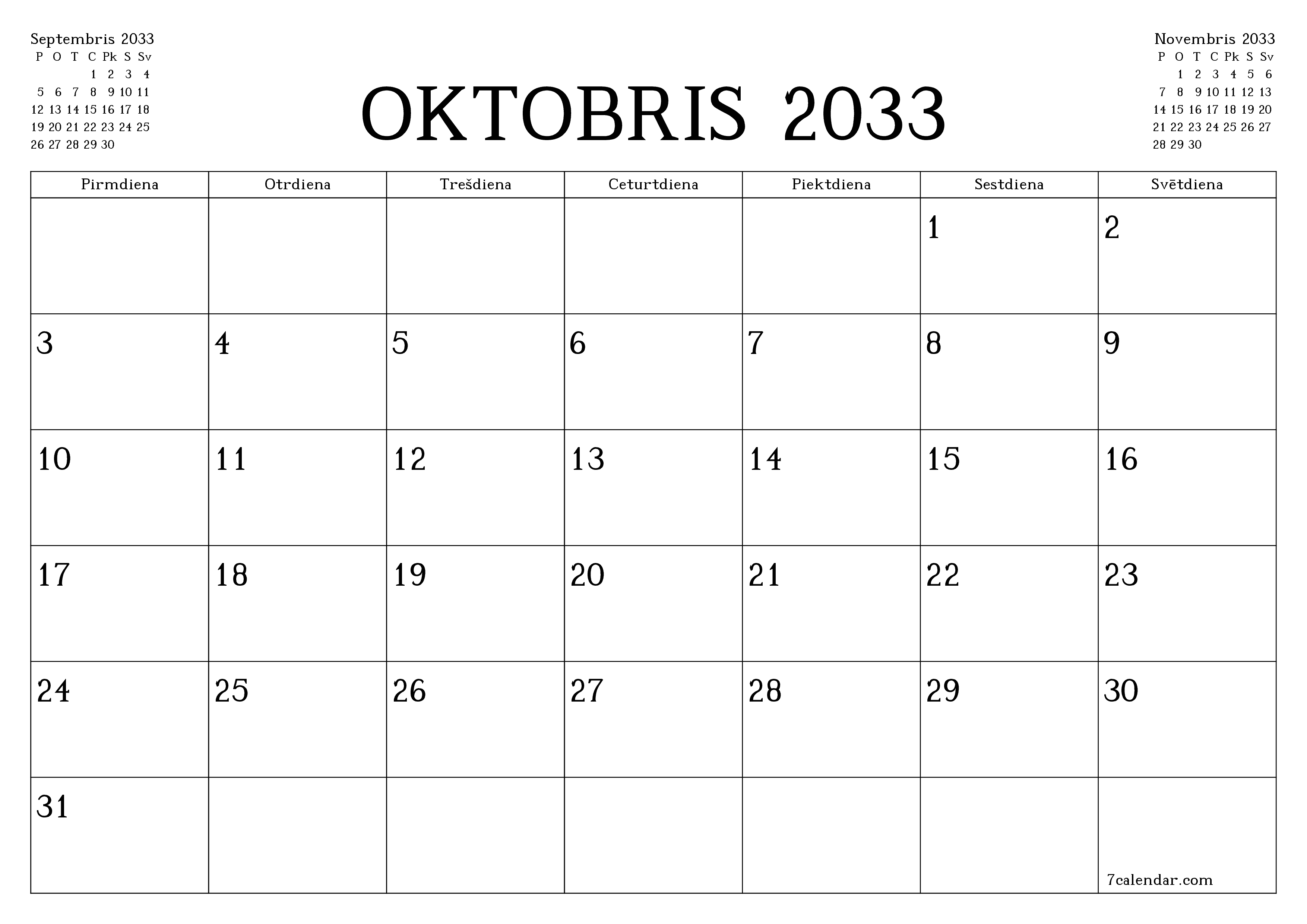 Iztukšot mēneša plānotāju mēnesim Oktobris 2033 ar piezīmēm, saglabāt un izdrukāt PDF formātā PNG Latvian