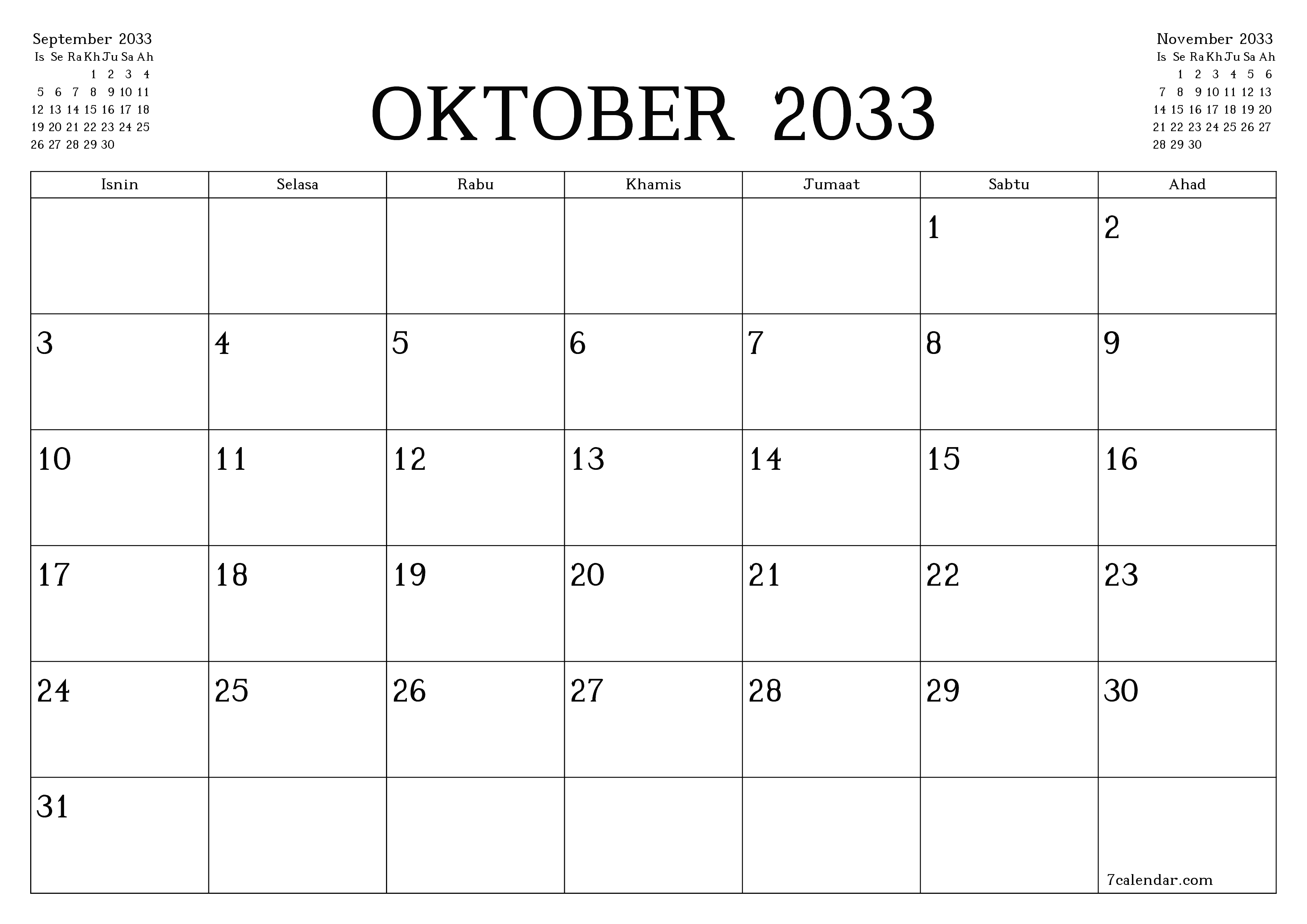 Perancang bulanan kosong untuk bulan Oktober 2033 dengan nota, simpan dan cetak ke PDF PNG Malay