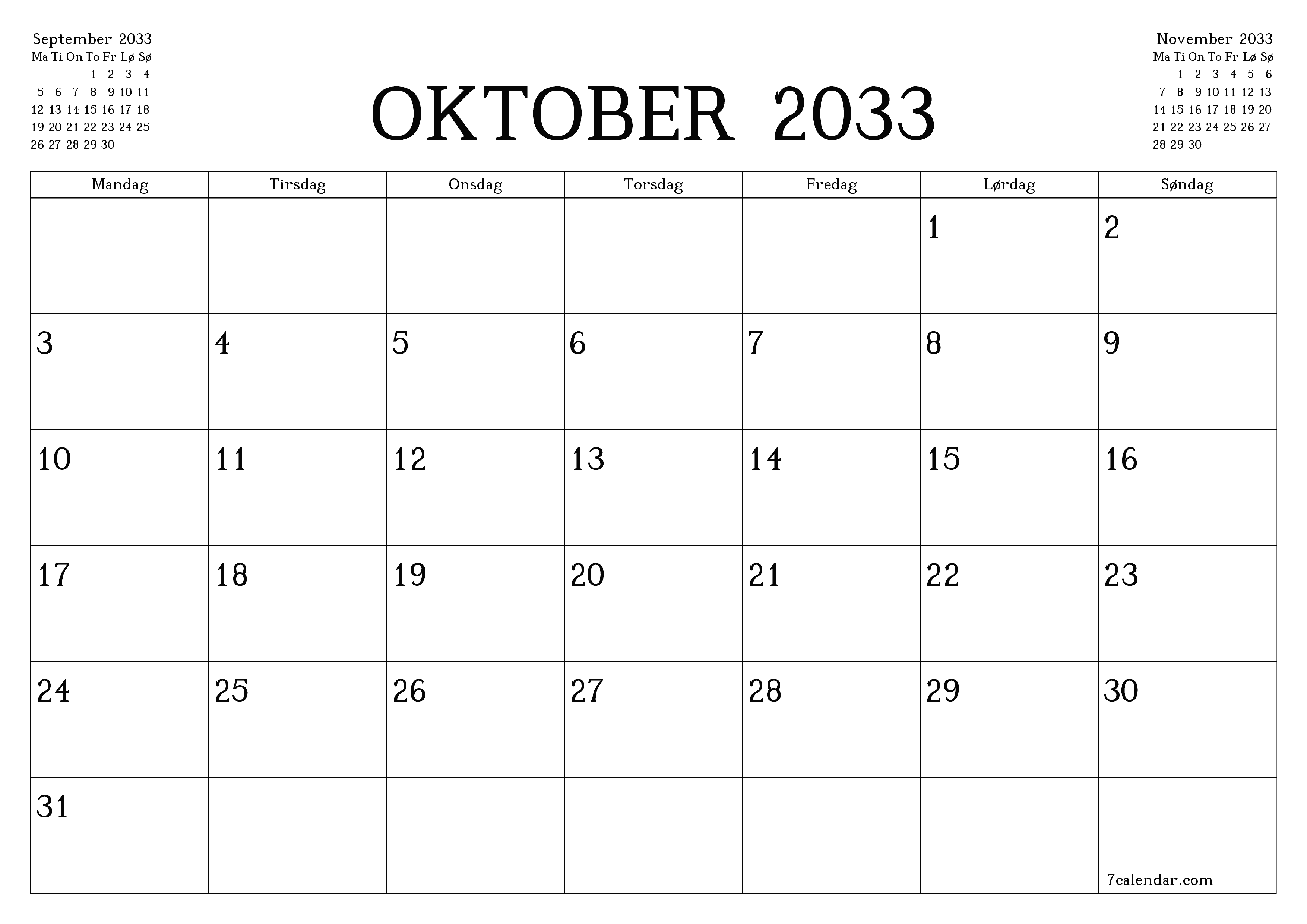 Tom månedlig planlegger for måned Oktober 2033 med notater, lagre og skriv ut til PDF PNG Norwegian