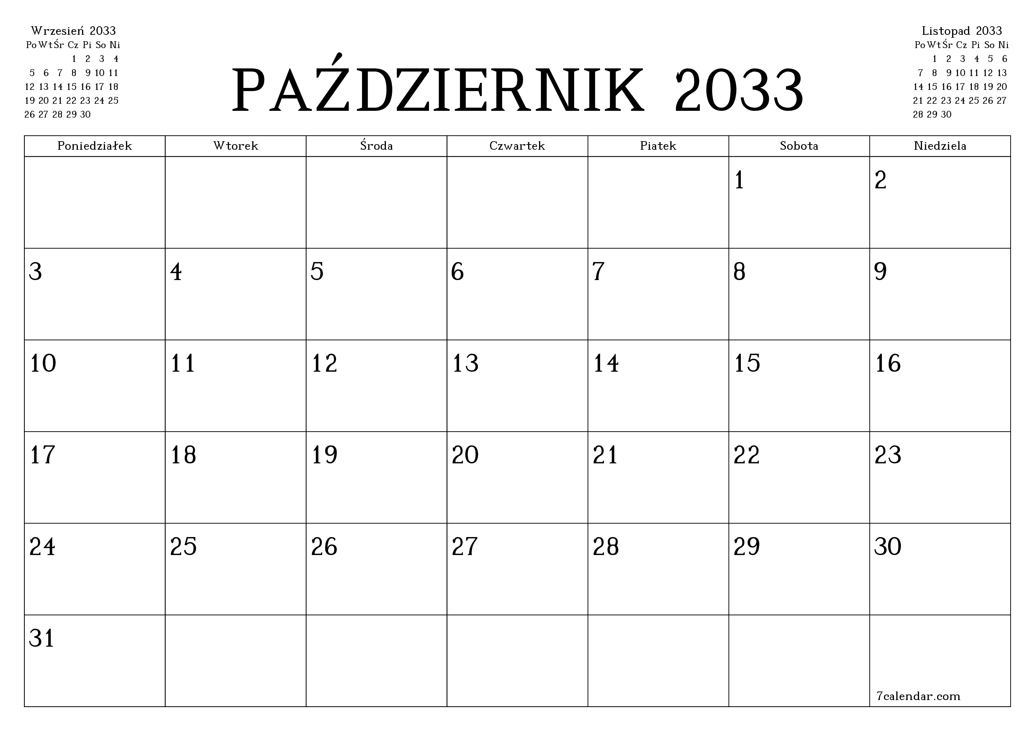 Opróżnij miesięczny planer na miesiąc Październik 2033 z notatkami, zapisz i wydrukuj w formacie PDF PNG Polish