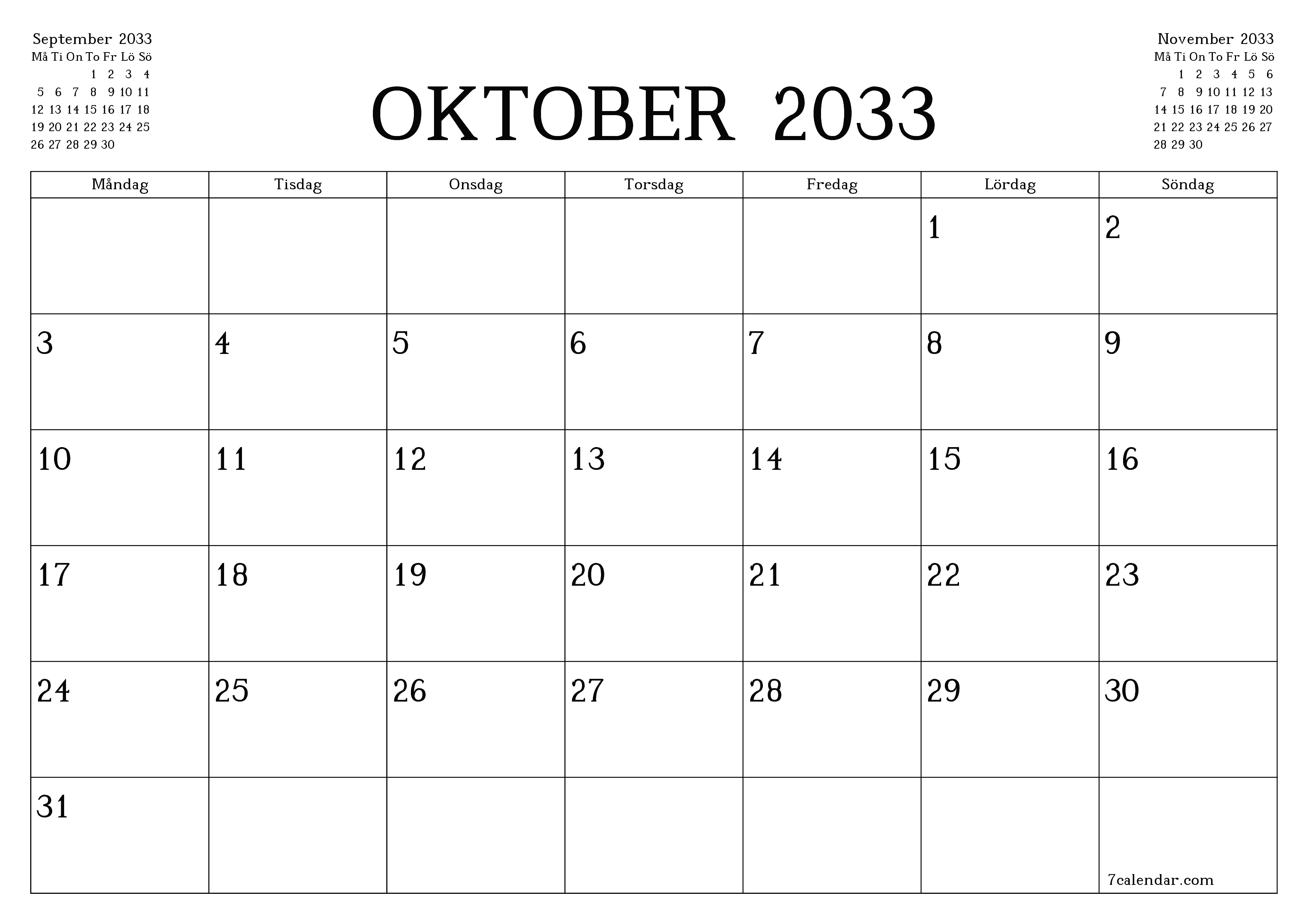 Tom månadsplanerare för månad Oktober 2033 med anteckningar, spara och skriv ut till PDF PNG Swedish
