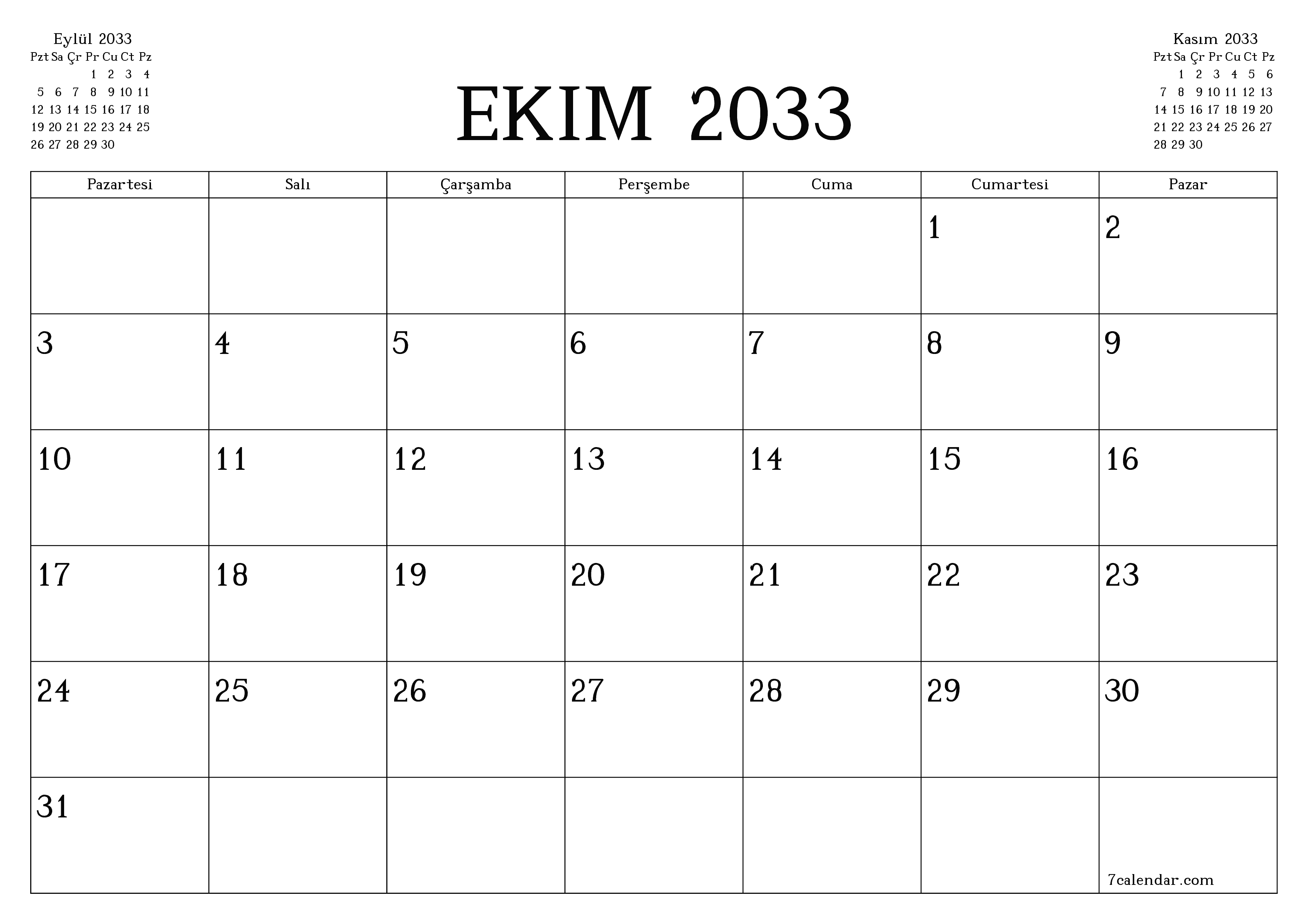 Ekim 2033 ayı için notlarla birlikte boş aylık planlayıcı, kaydedin ve PDF'ye yazdırın PNG Turkish