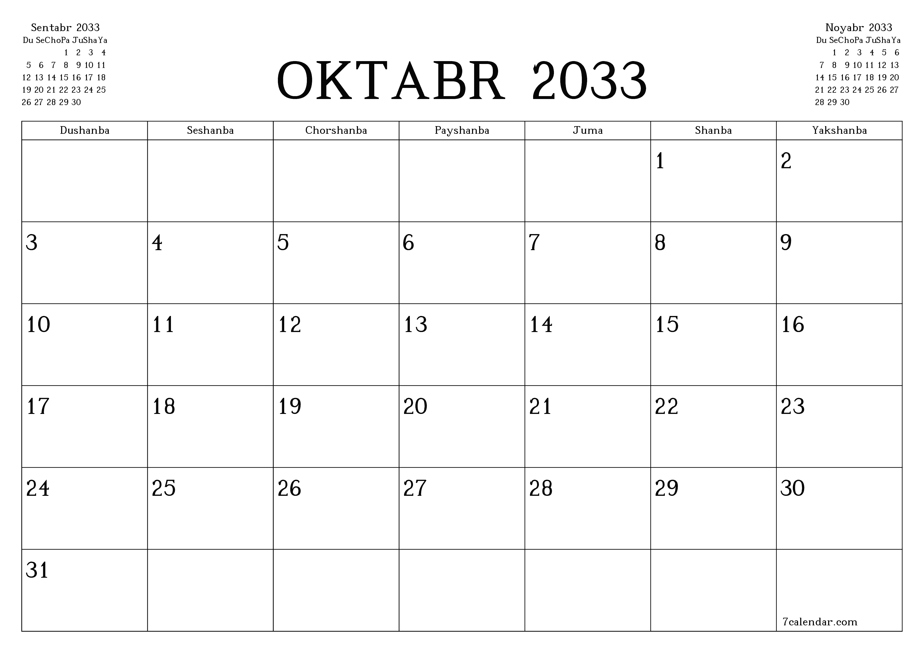 Oktabr 2033 oylik oylik rejalashtiruvchini yozuvlar bilan bo'shatish, saqlash va PDF-ga chop etish PNG Uzbek