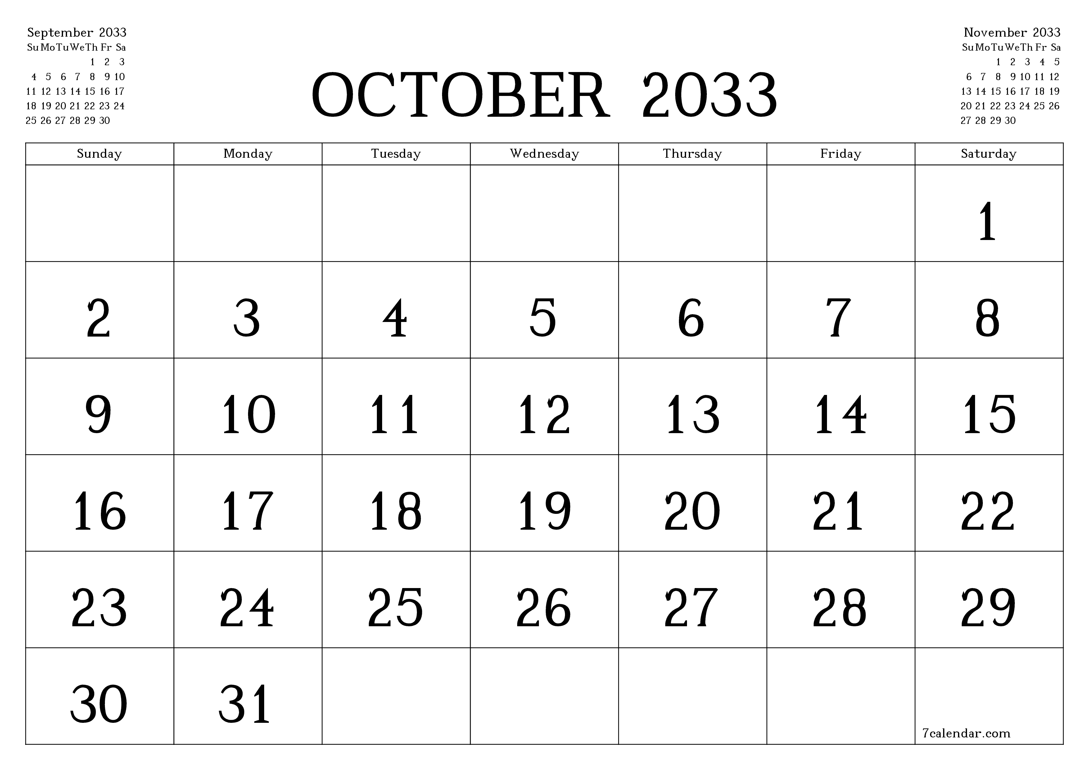 Blank calendar October 2033
