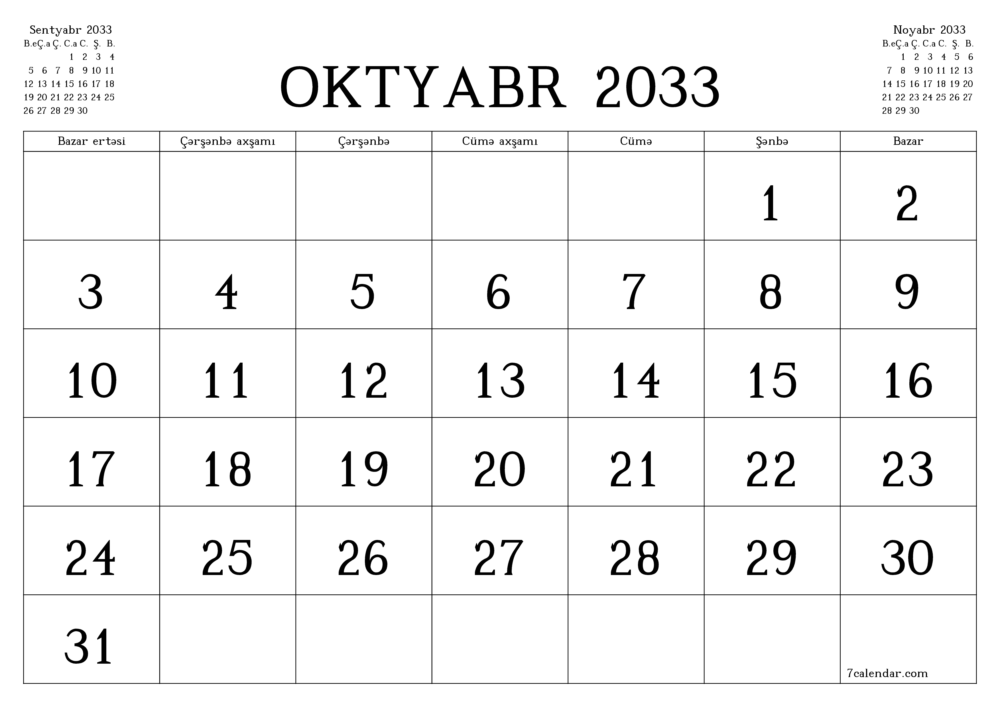 Oktyabr 2033 ayı üçün qeydlər ilə boş aylıq planlayıcı, qeyd edin və PDF-ə yazdırın PNG Azerbaijani