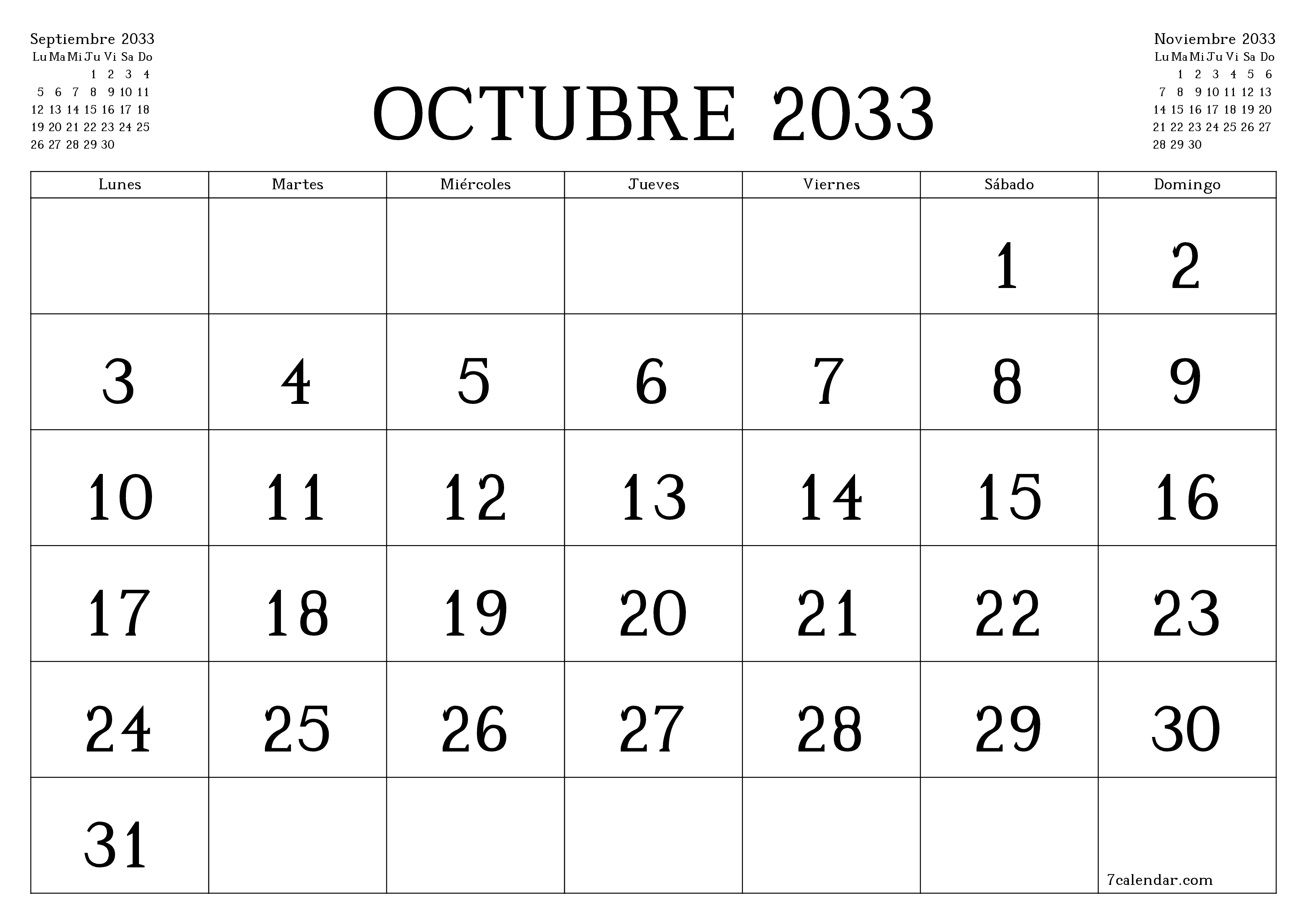 Planificador mensual vacío para el mes Octubre 2033 con notas, guardar e imprimir en PDF PNG Spanish