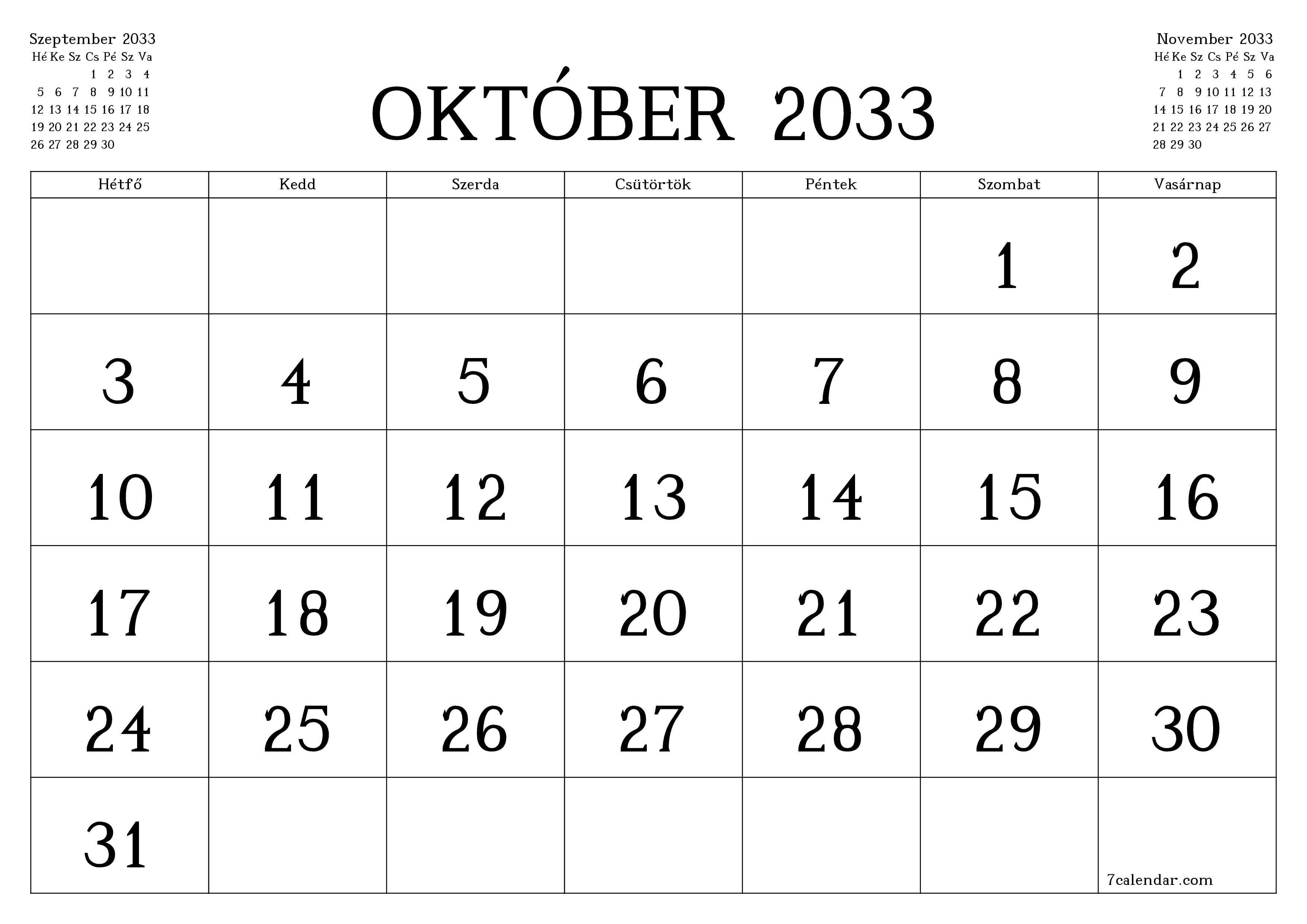 Üres havi tervező a Október 2033 hónapra jegyzetekkel, mentés és nyomtatás PDF-be PNG Hungarian