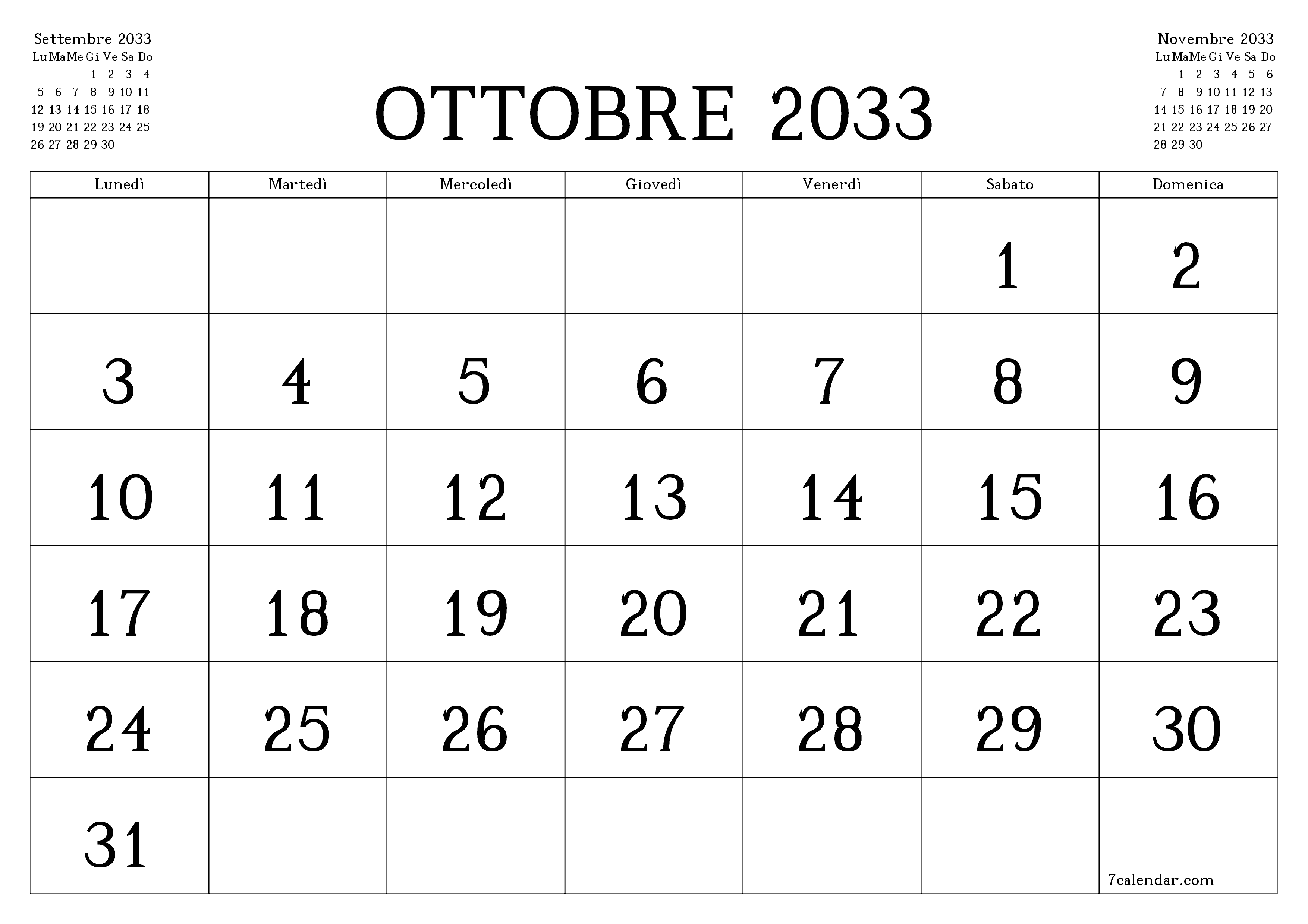 Pianificatore mensile vuoto per il mese Ottobre 2033 con note, salva e stampa in PDF PNG Italian