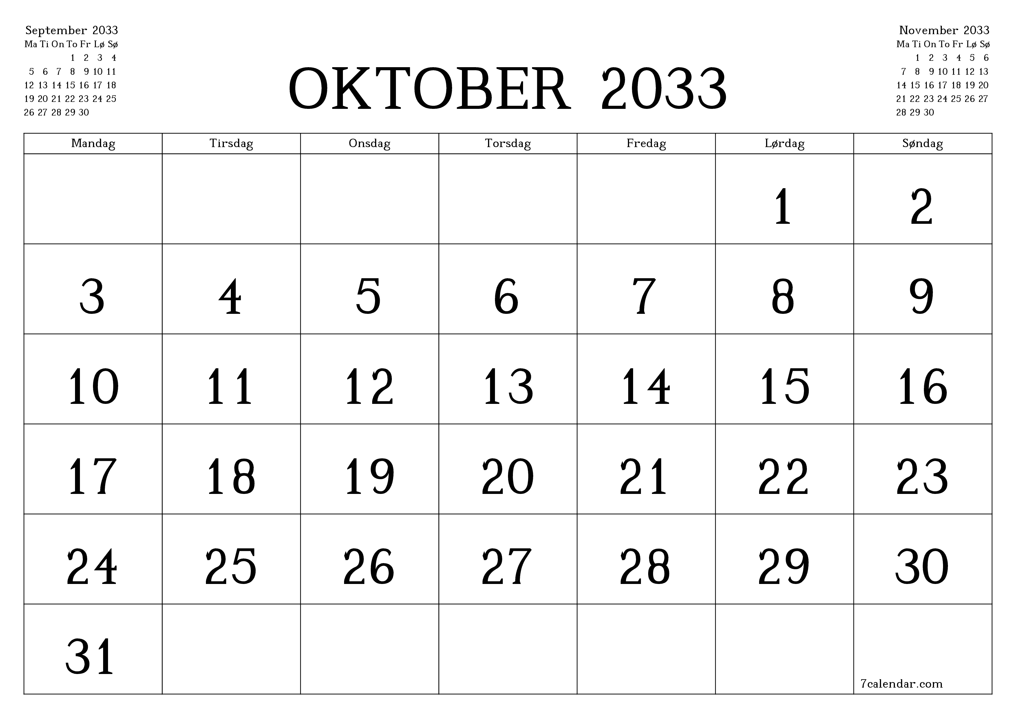 Tom månedlig planlegger for måned Oktober 2033 med notater, lagre og skriv ut til PDF PNG Norwegian