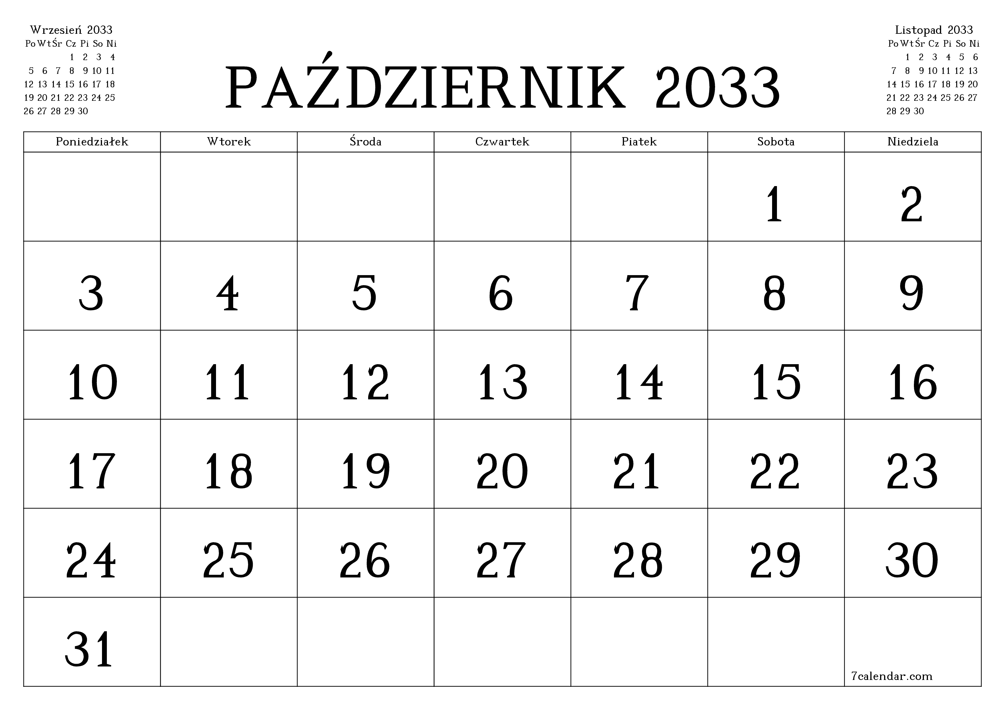Opróżnij miesięczny planer na miesiąc Październik 2033 z notatkami, zapisz i wydrukuj w formacie PDF PNG Polish