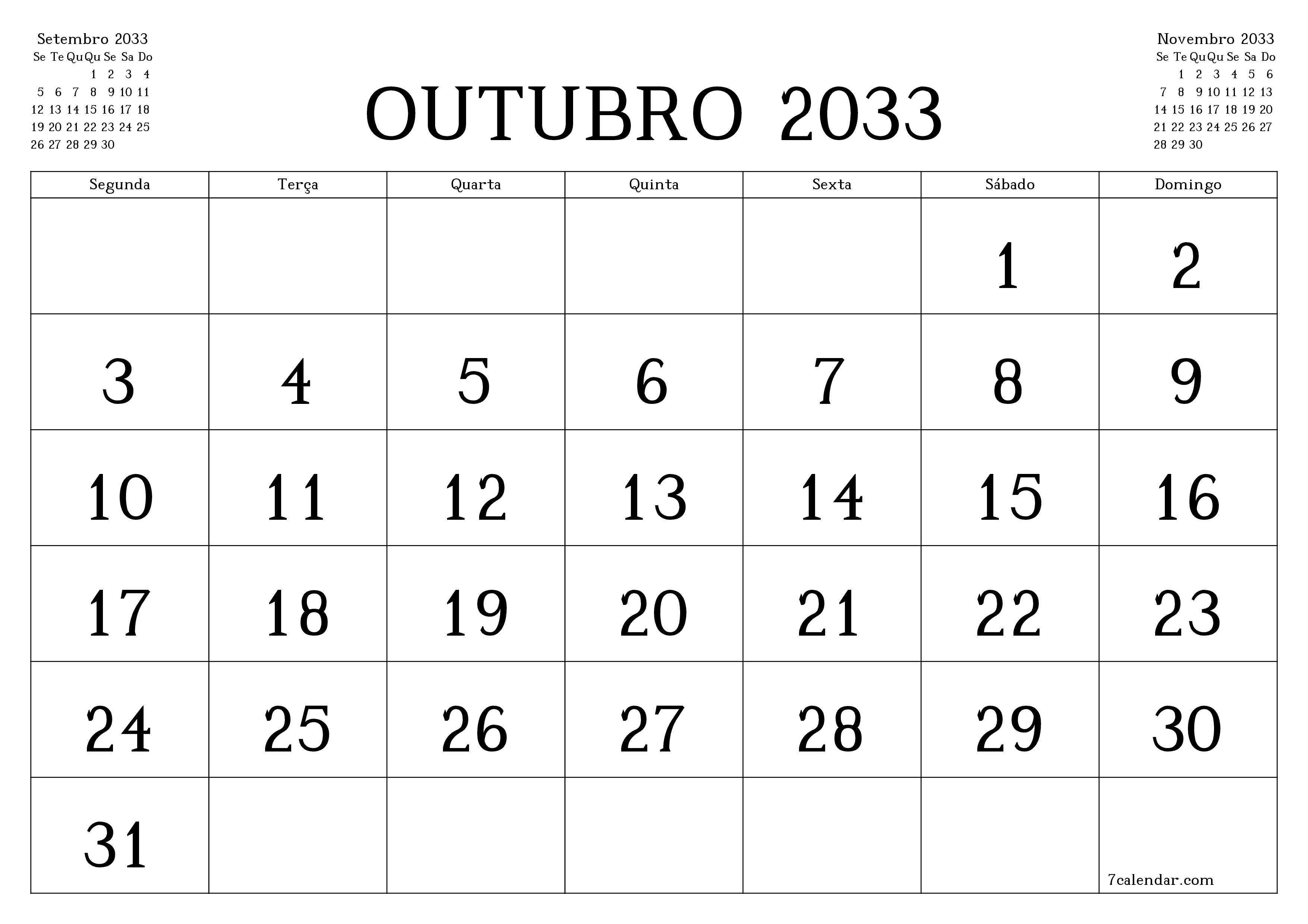 Esvazie o planejador mensal para o mês Outubro 2033 com notas, salve e imprima em PDF PNG Portuguese