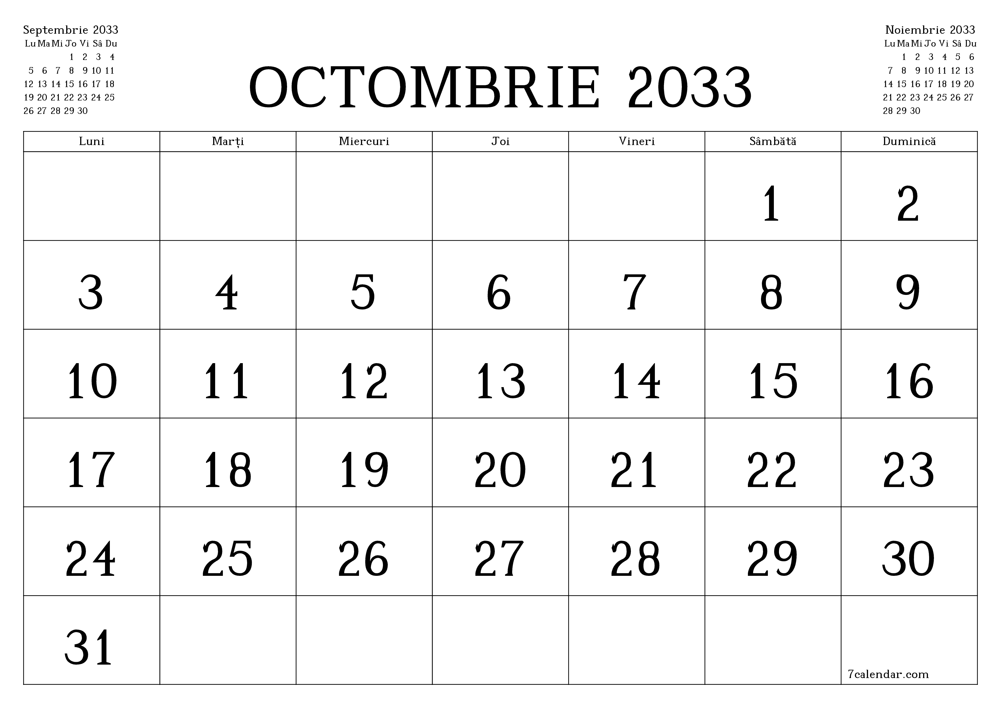 Planificator lunar gol pentru luna Octombrie 2033 cu note, salvați și tipăriți în PDF PNG Romanian