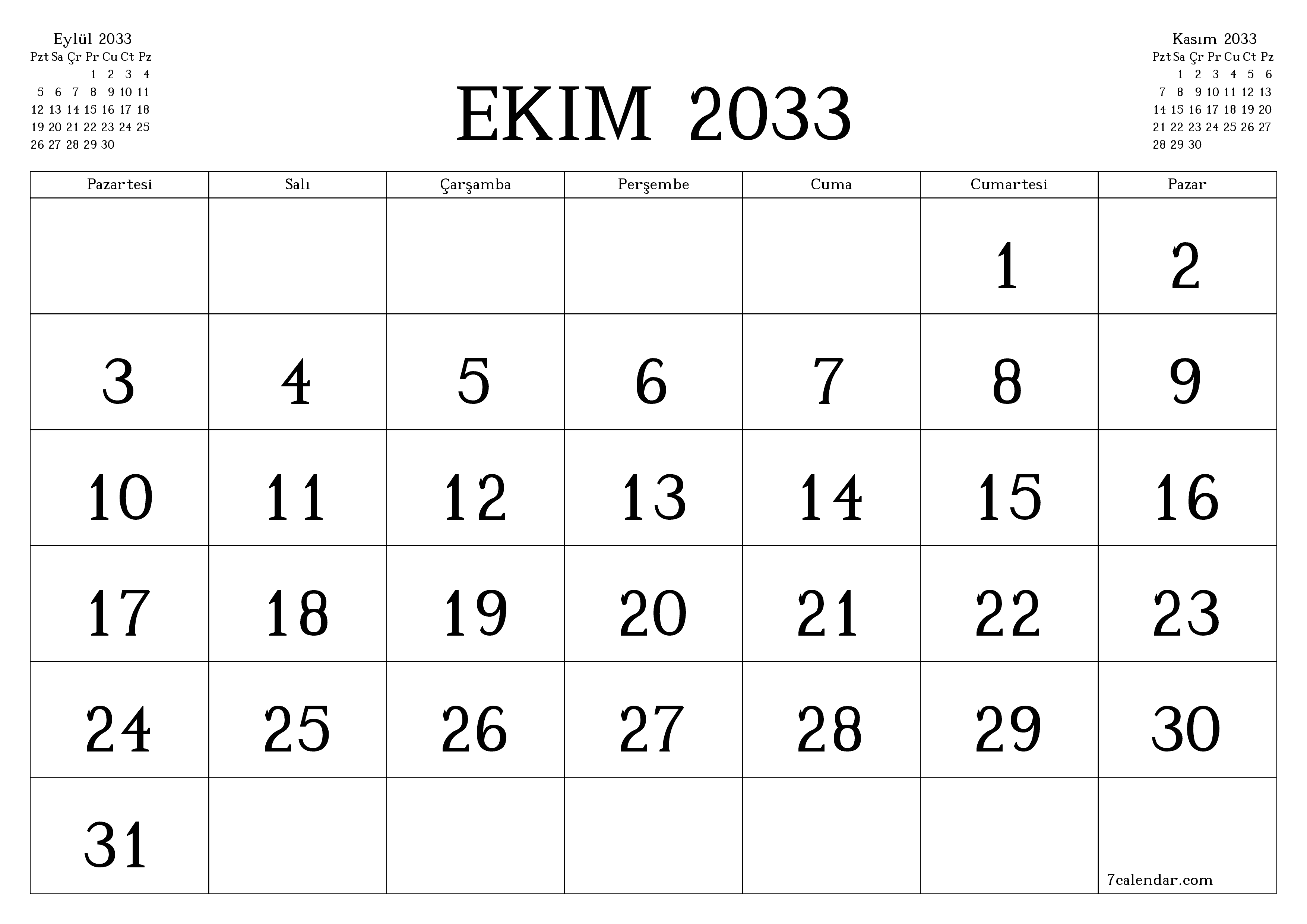 Ekim 2033 ayı için notlarla birlikte boş aylık planlayıcı, kaydedin ve PDF'ye yazdırın PNG Turkish