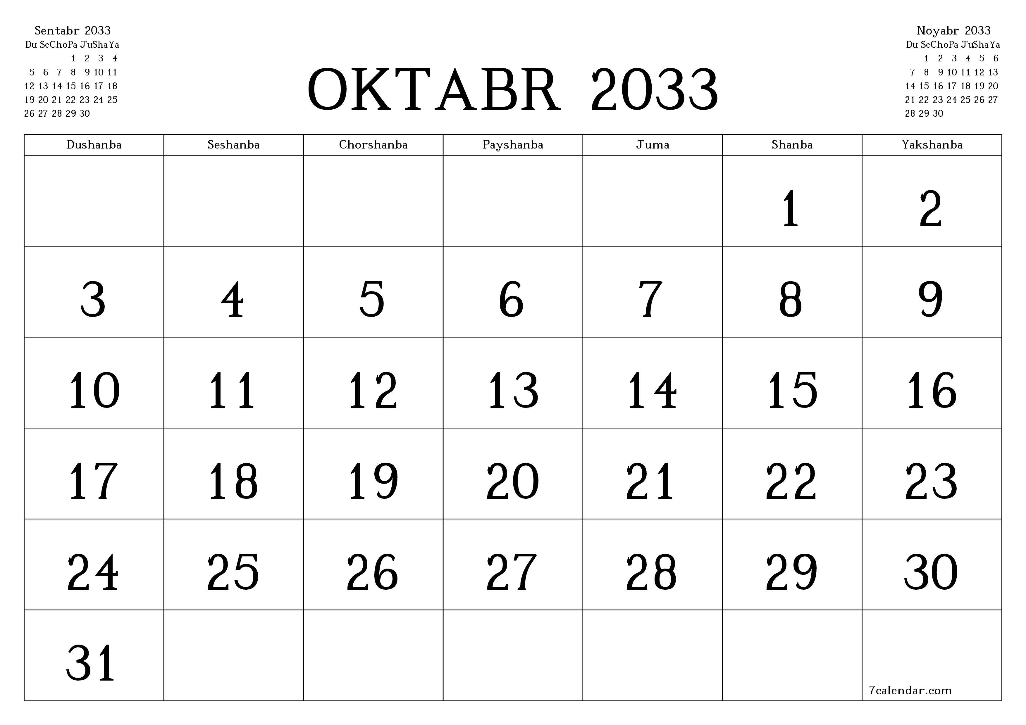 Oktabr 2033 oylik oylik rejalashtiruvchini yozuvlar bilan bo'shatish, saqlash va PDF-ga chop etish PNG Uzbek