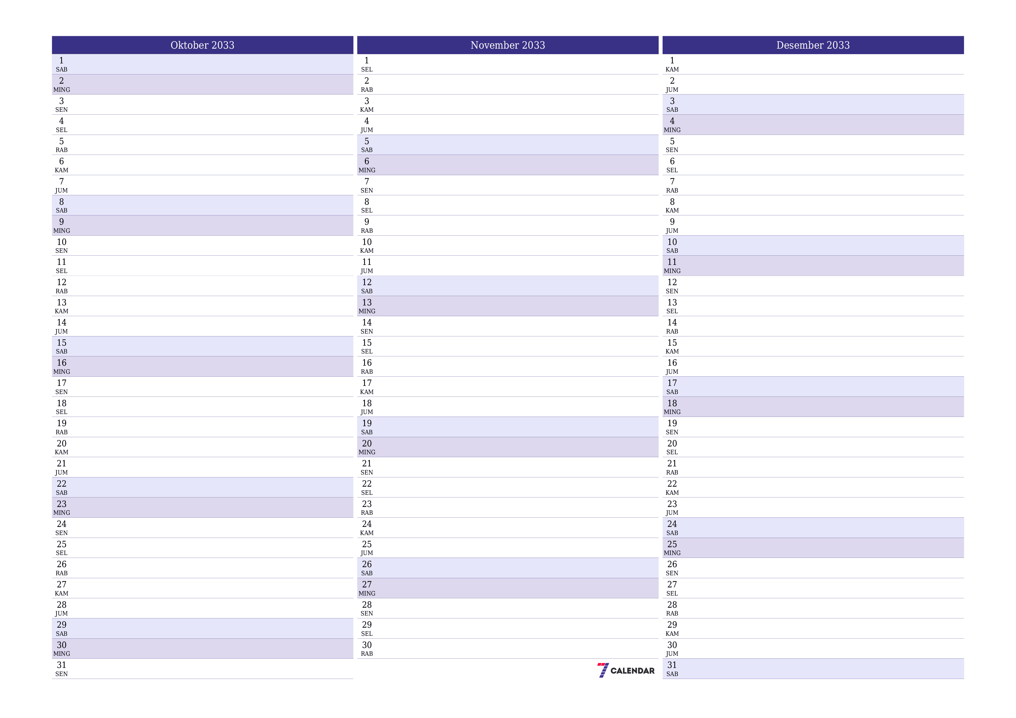 Kosongkan agenda bulanan untuk bulan Oktober 2033 dengan catatan, simpan dan cetak ke PDF PNG Indonesian