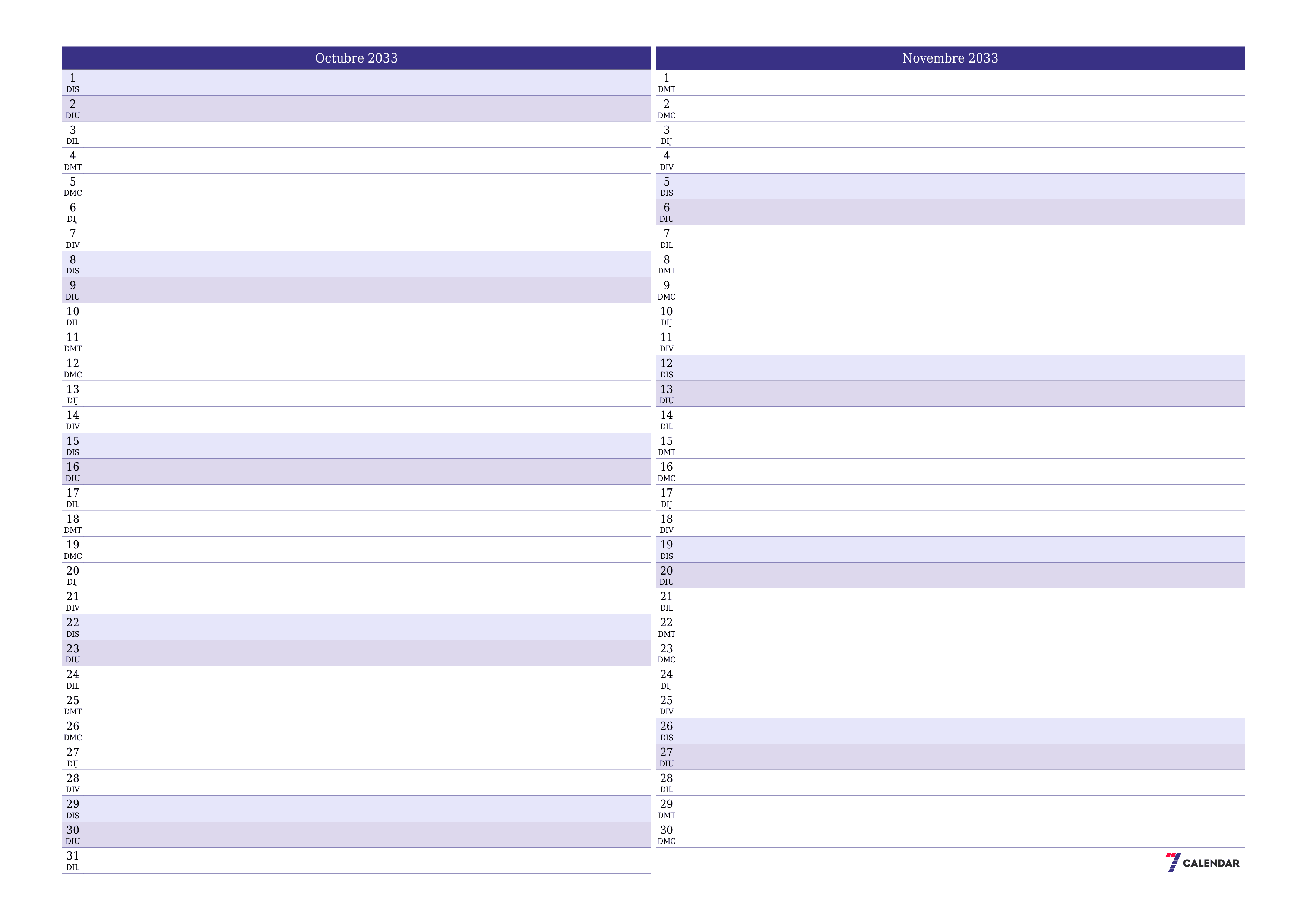 Planificador mensual buit del mes Octubre 2033 amb notes, deseu-lo i imprimiu-lo en format PDF PNG Catalan
