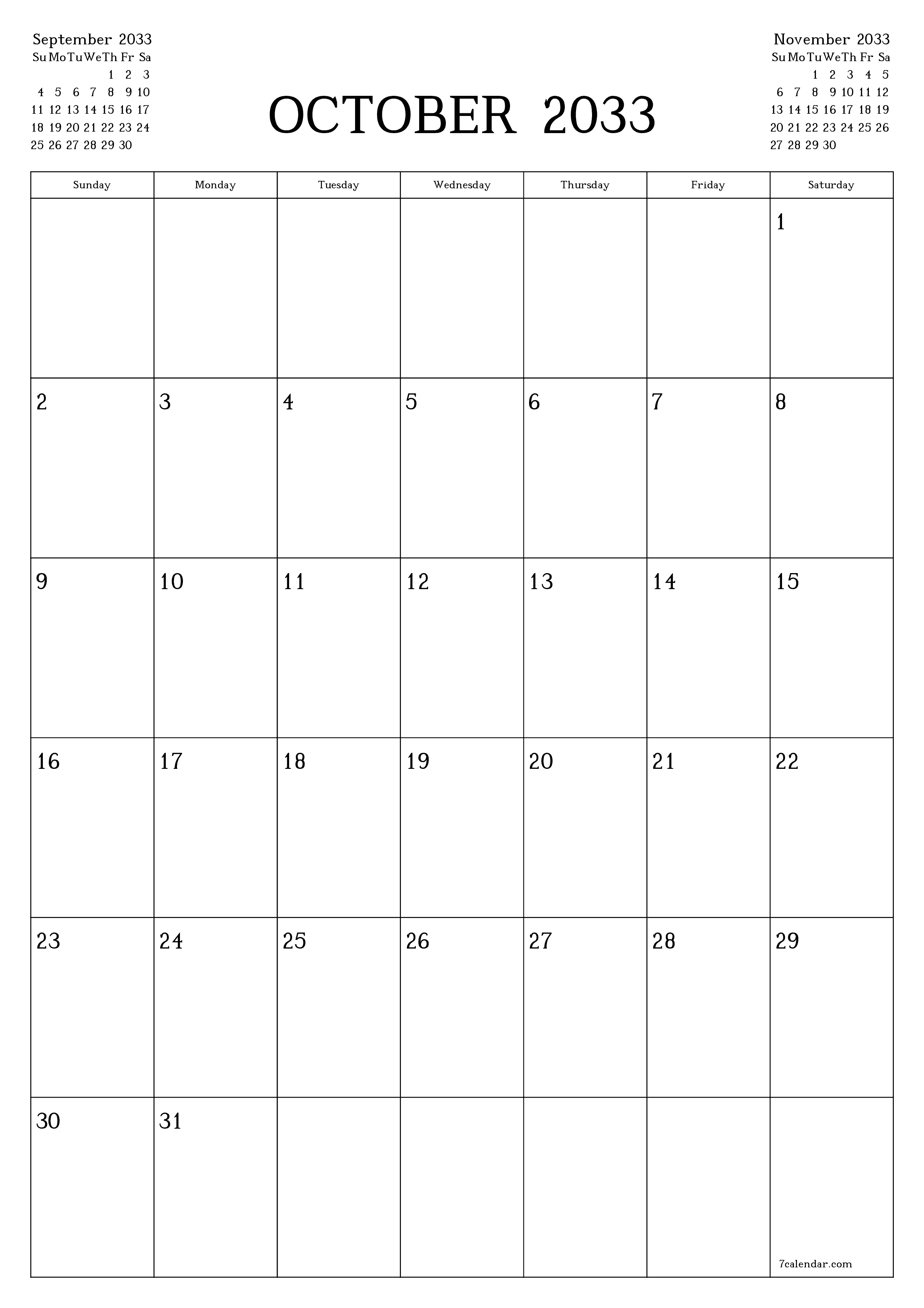 Blank calendar October 2033