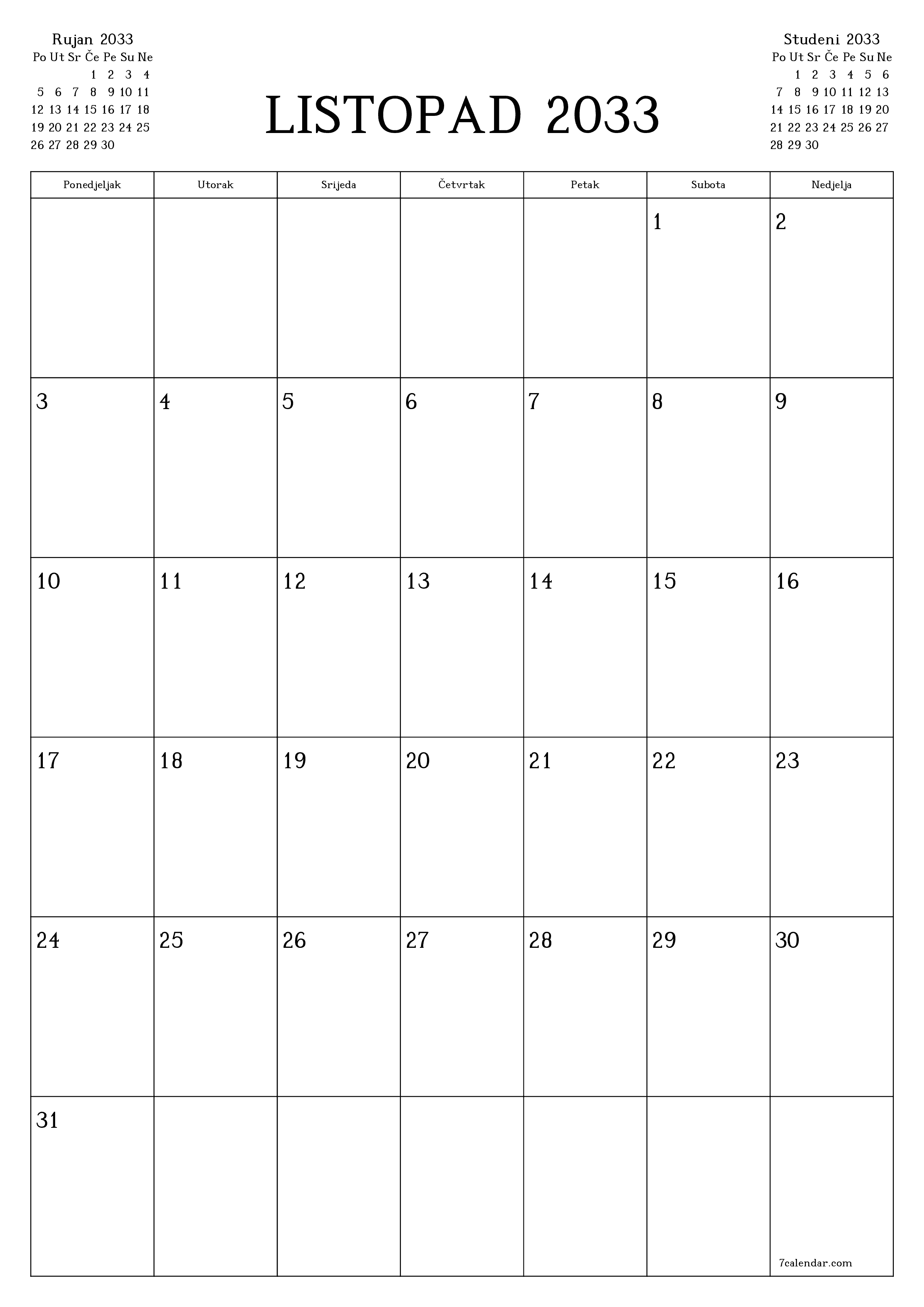  za ispis zidni predložak a besplatni okomito Mjesečni planer kalendar Listopad (Lis) 2033