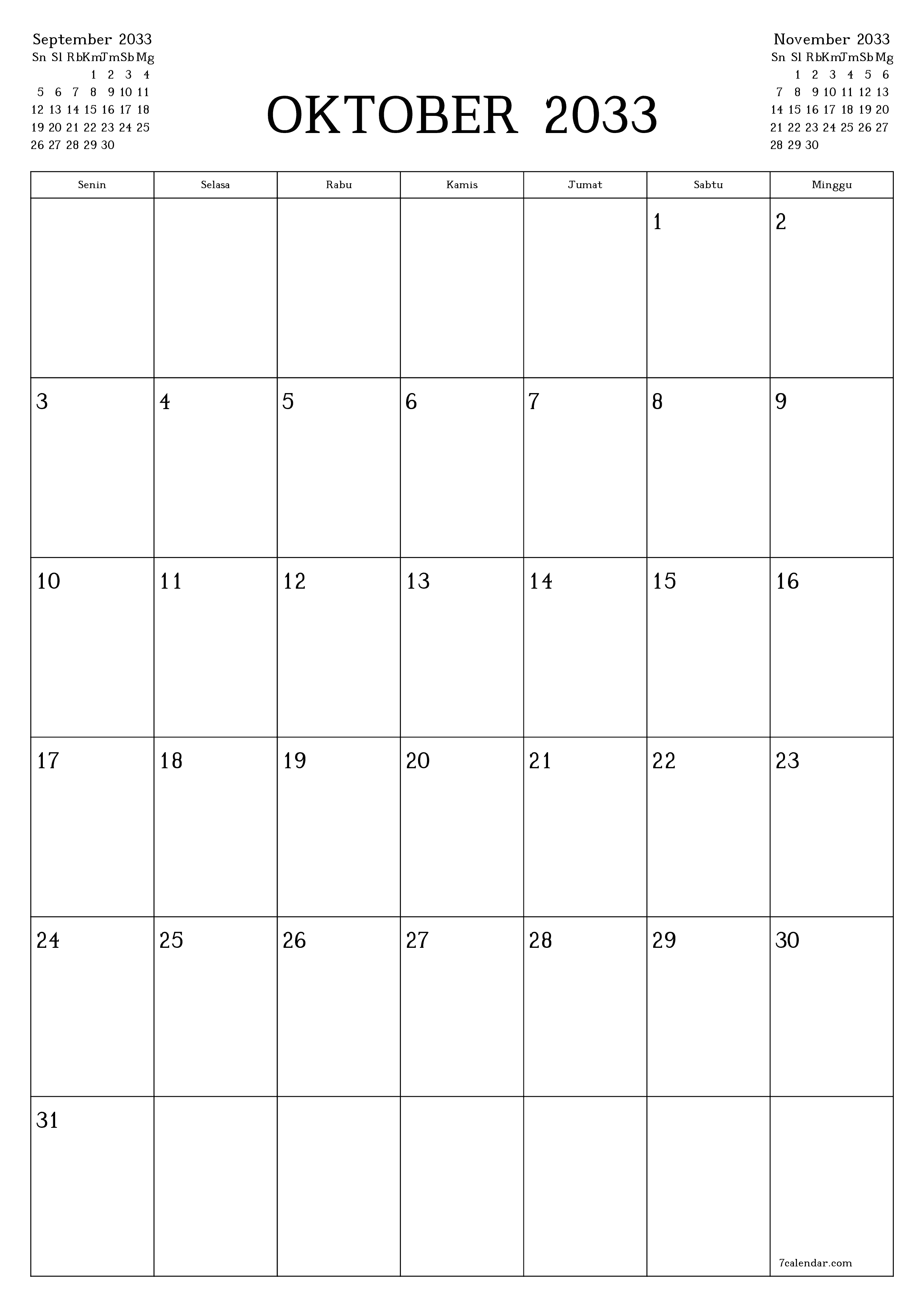  yang dapat dicetak dinding templat gratisvertikal Bulanan perencana kalender Oktober (Okt) 2033