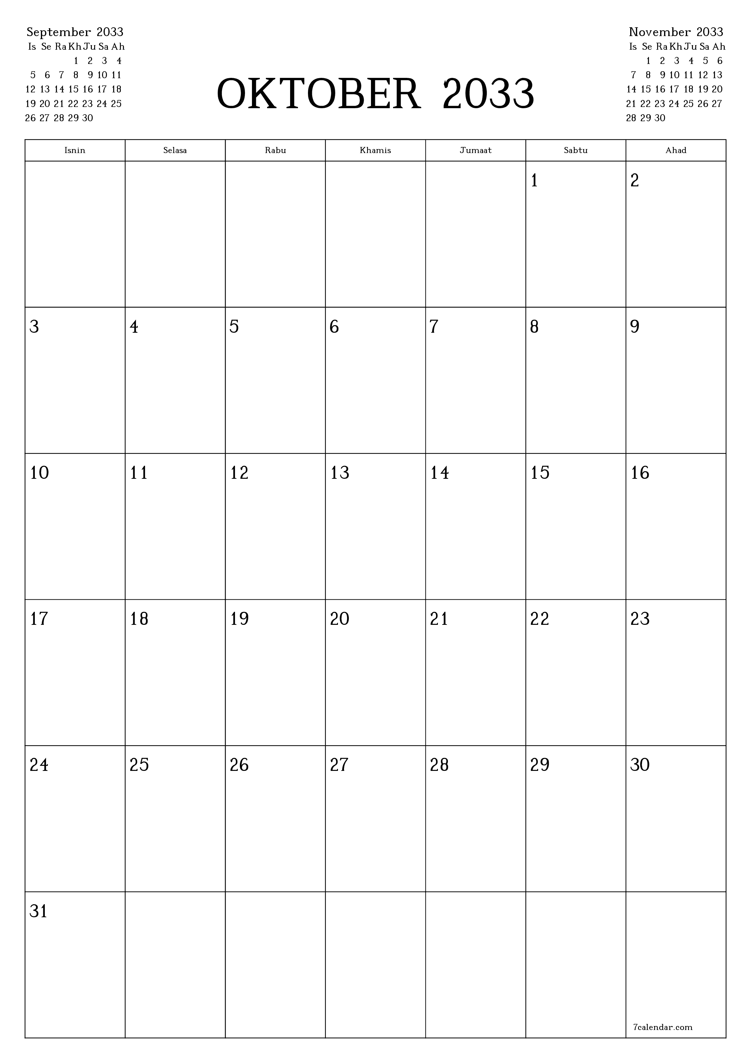  boleh cetak dinding templat percumamenegak Bulanan perancang kalendar Oktober (Okt) 2033