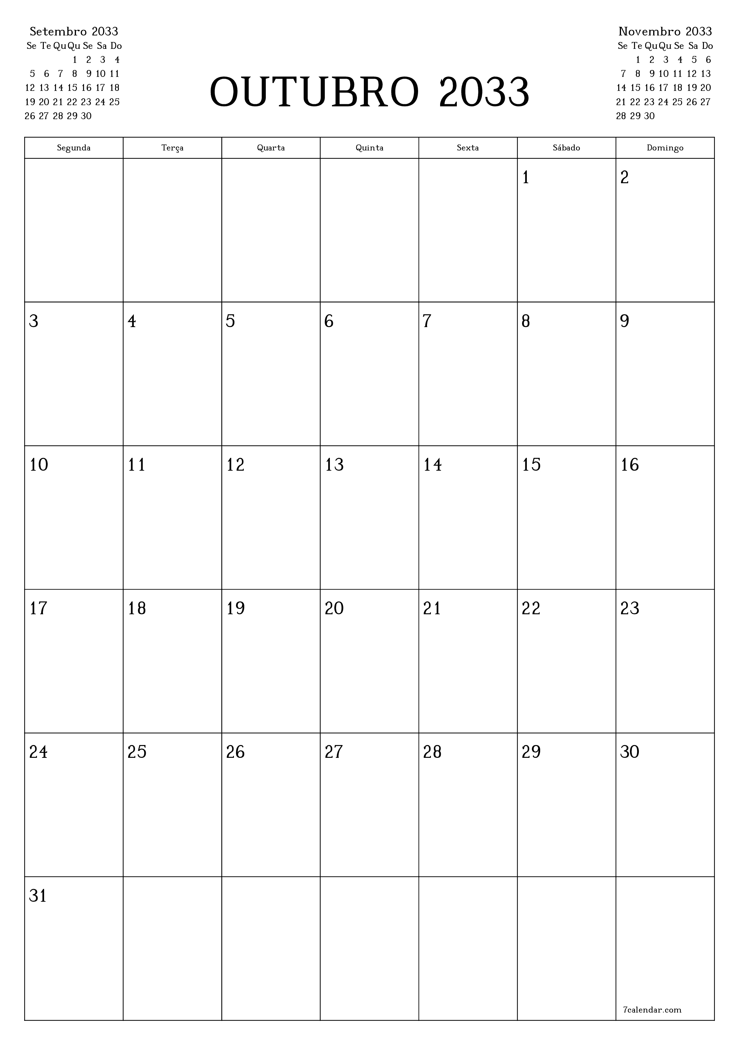  para impressão de parede modelo de grátisvertical Mensal planejador calendário Outubro (Out) 2033