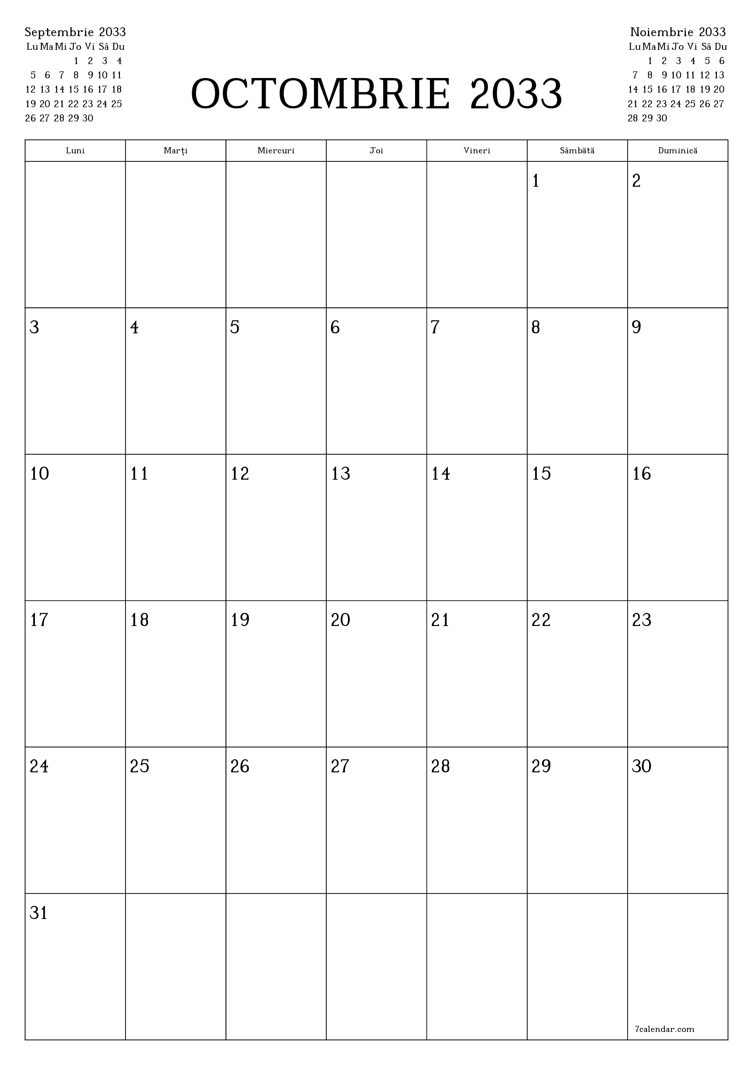  imprimabil de perete șablon de gratuitvertical Lunar planificator calendar Octombrie (Oct) 2033