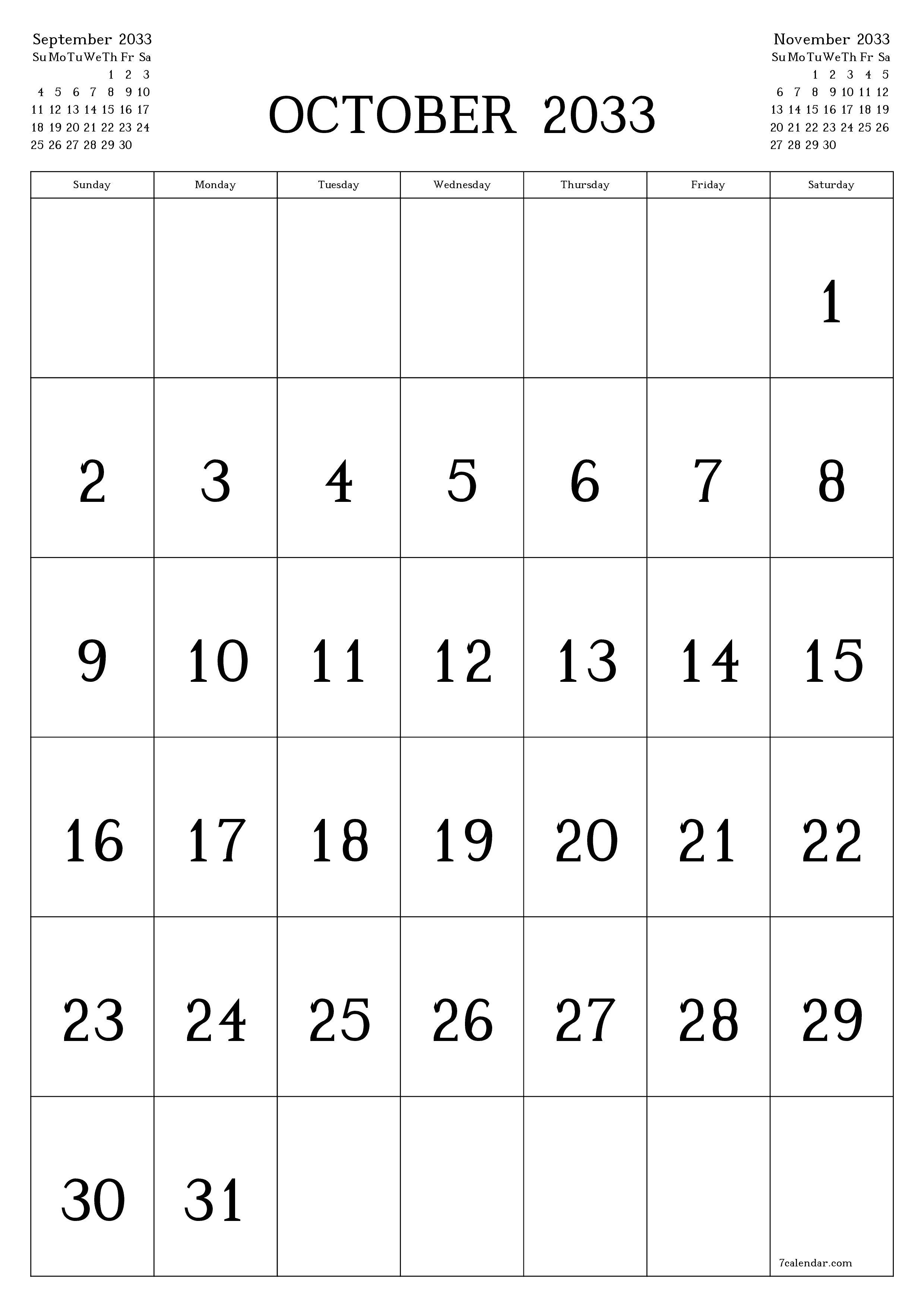 Blank calendar October 2033