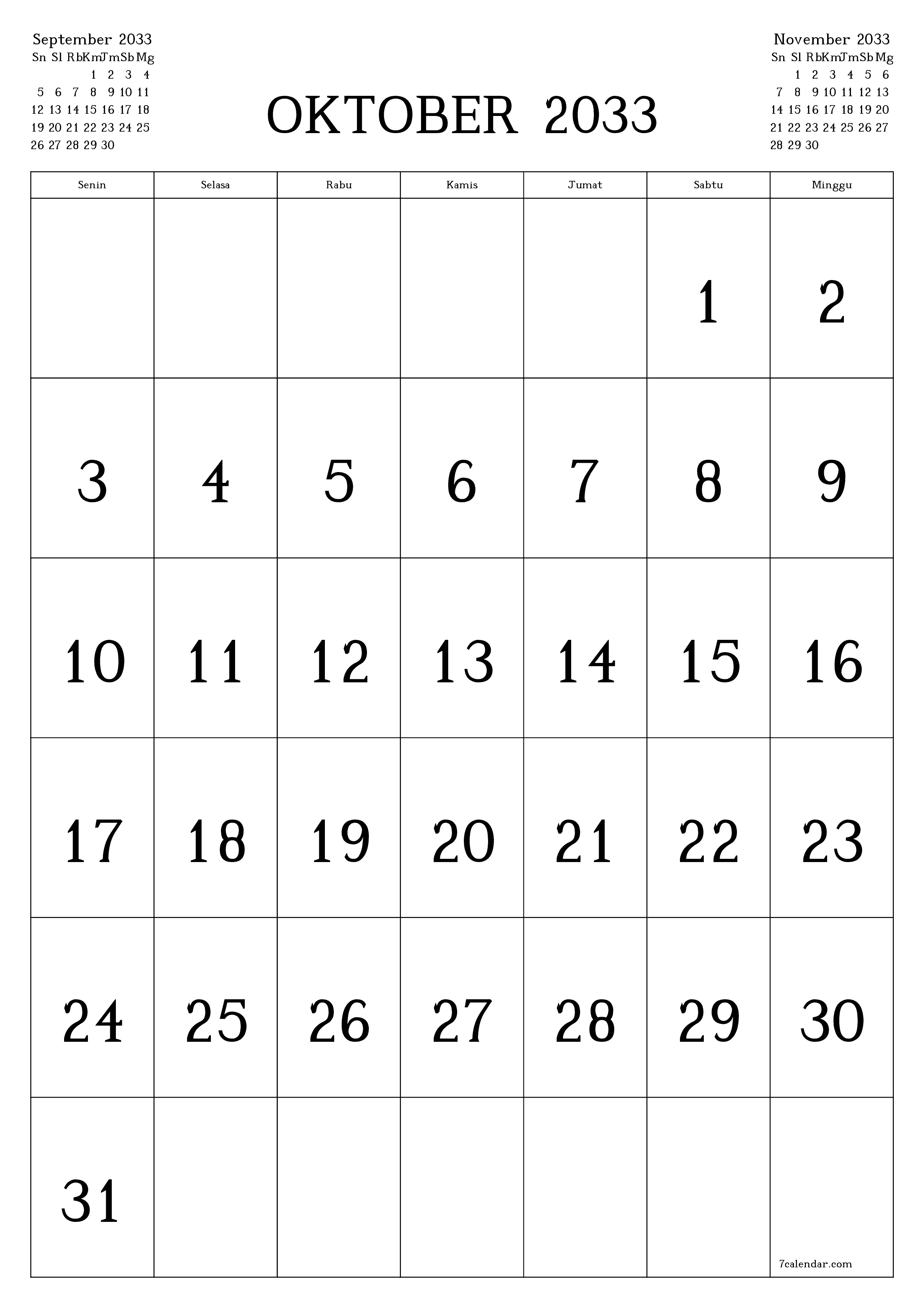  yang dapat dicetak dinding templat gratisvertikal Bulanan kalender Oktober (Okt) 2033