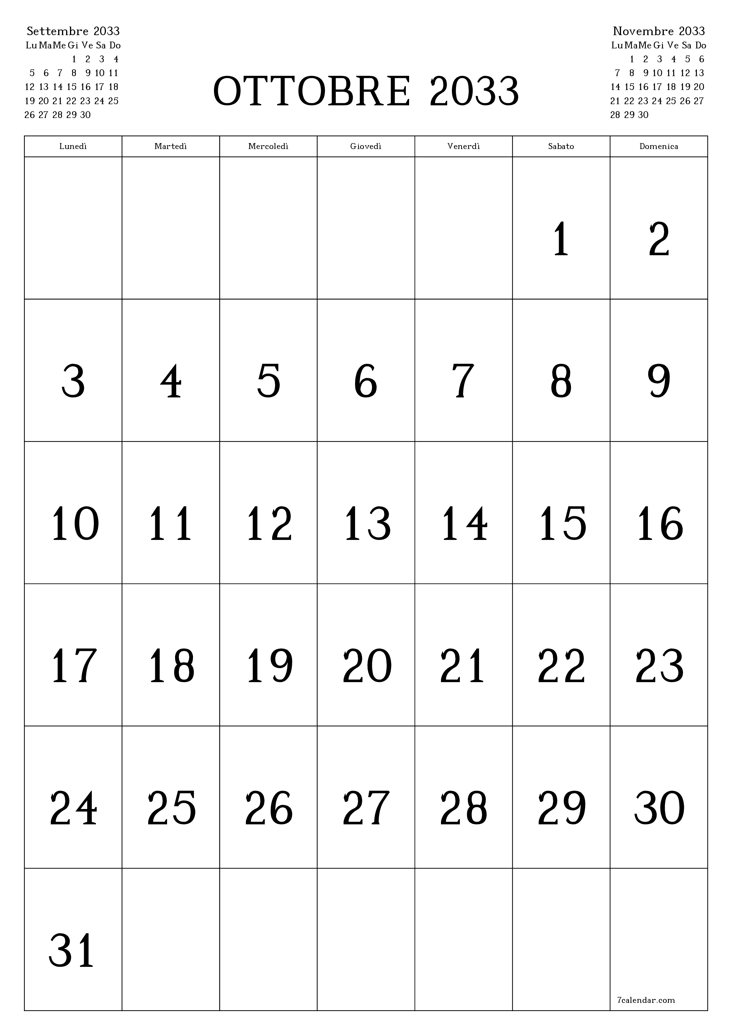  stampabile da parete modello di gratuitoverticale Mensile calendario Ottobre (Ott) 2033