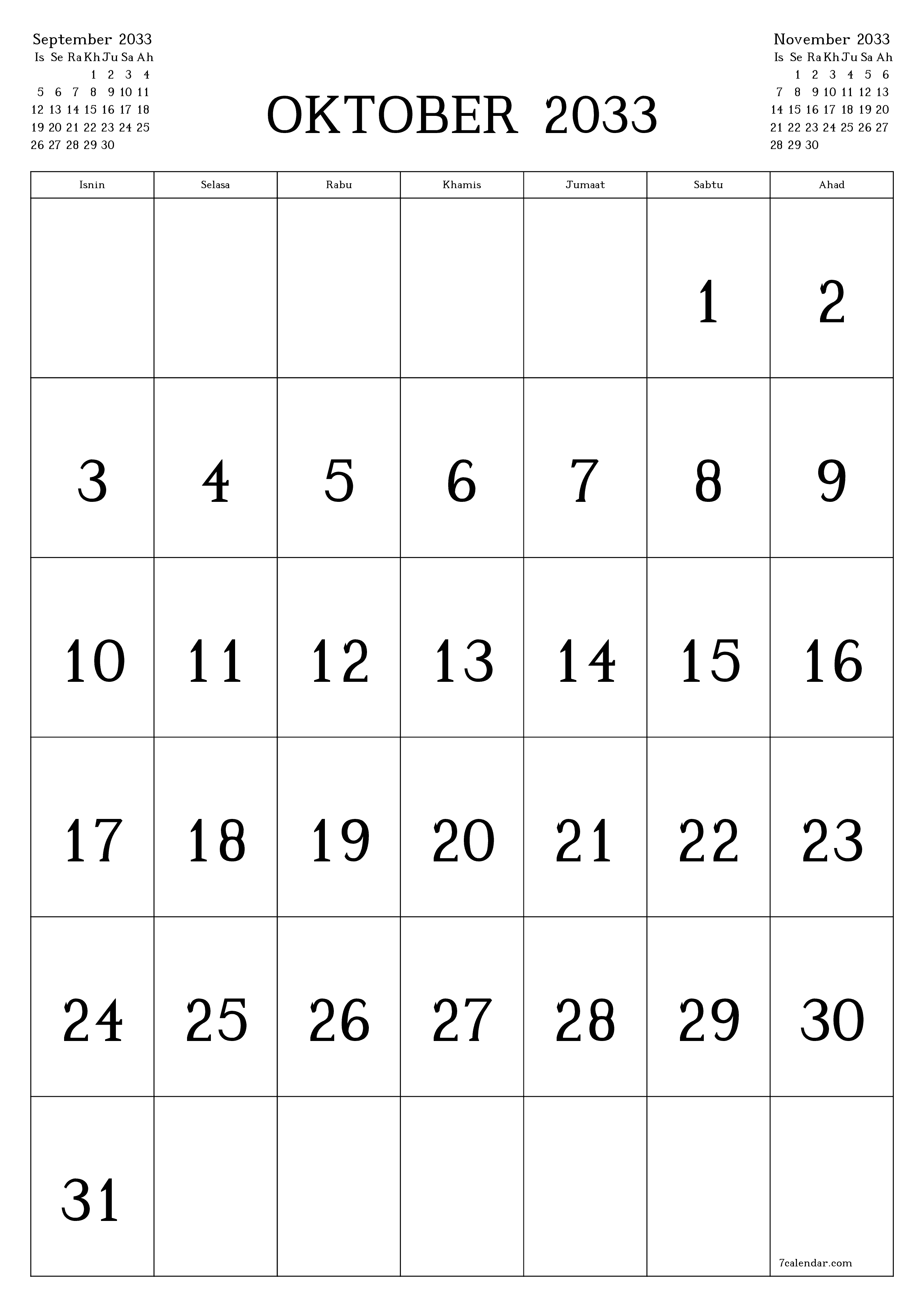  boleh cetak dinding templat percumamenegak Bulanan kalendar Oktober (Okt) 2033