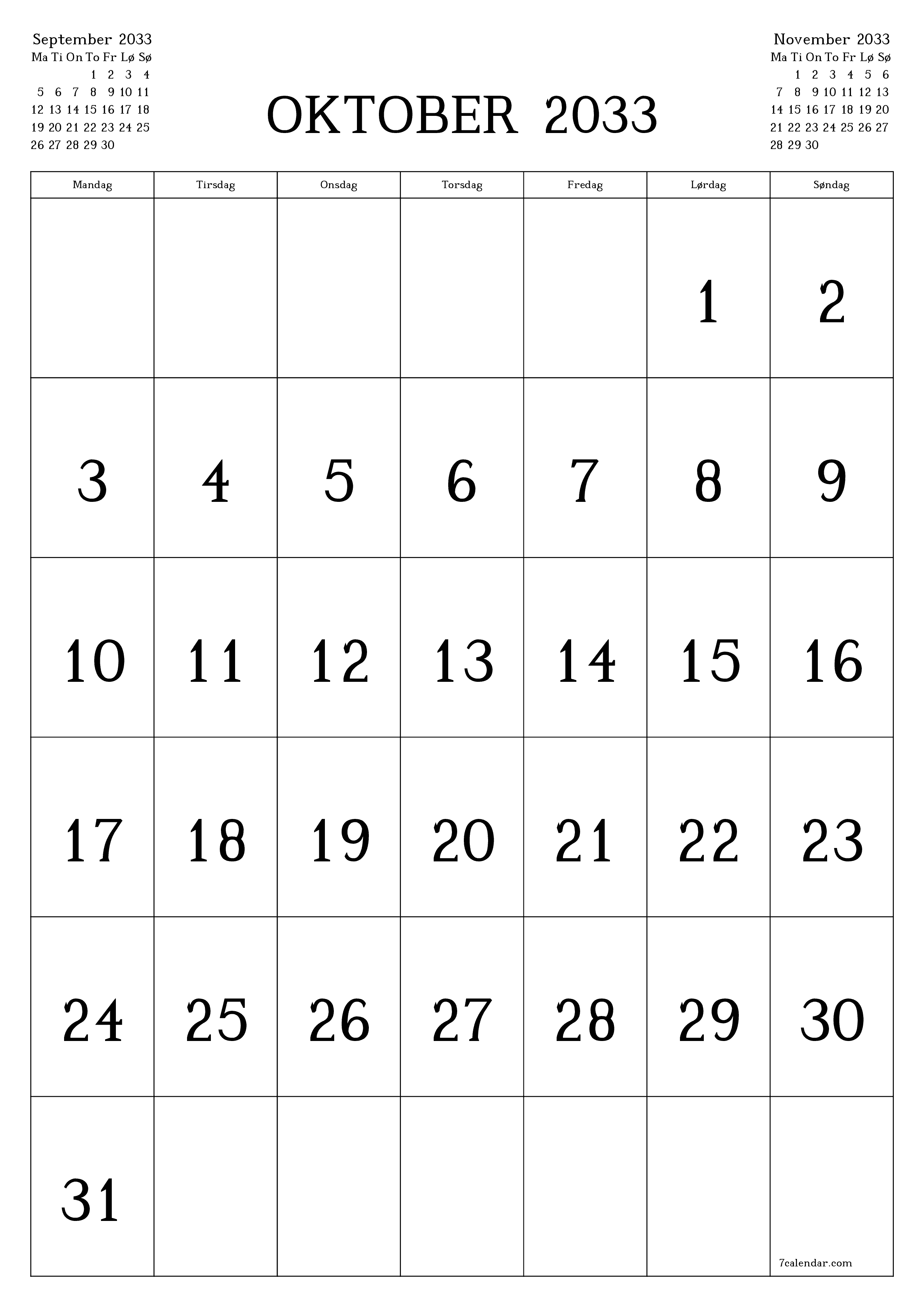 utskrivbar vegg mal gratis vertikal Månedlig kalender Oktober (Okt) 2033