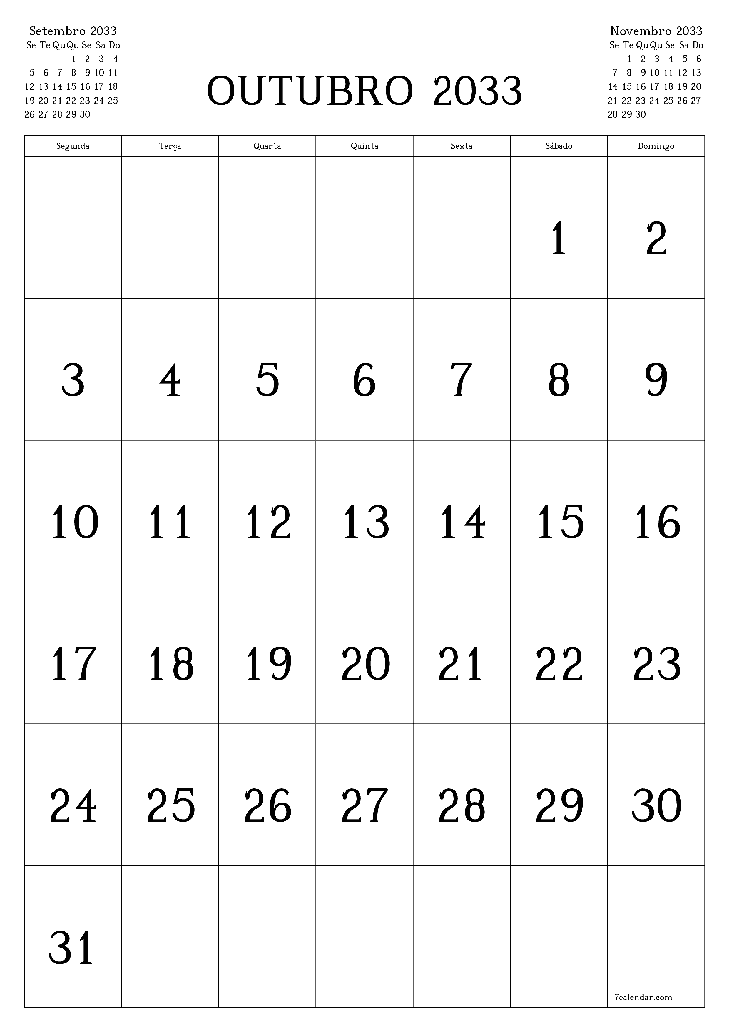  para impressão de parede modelo de grátisvertical Mensal calendário Outubro (Out) 2033