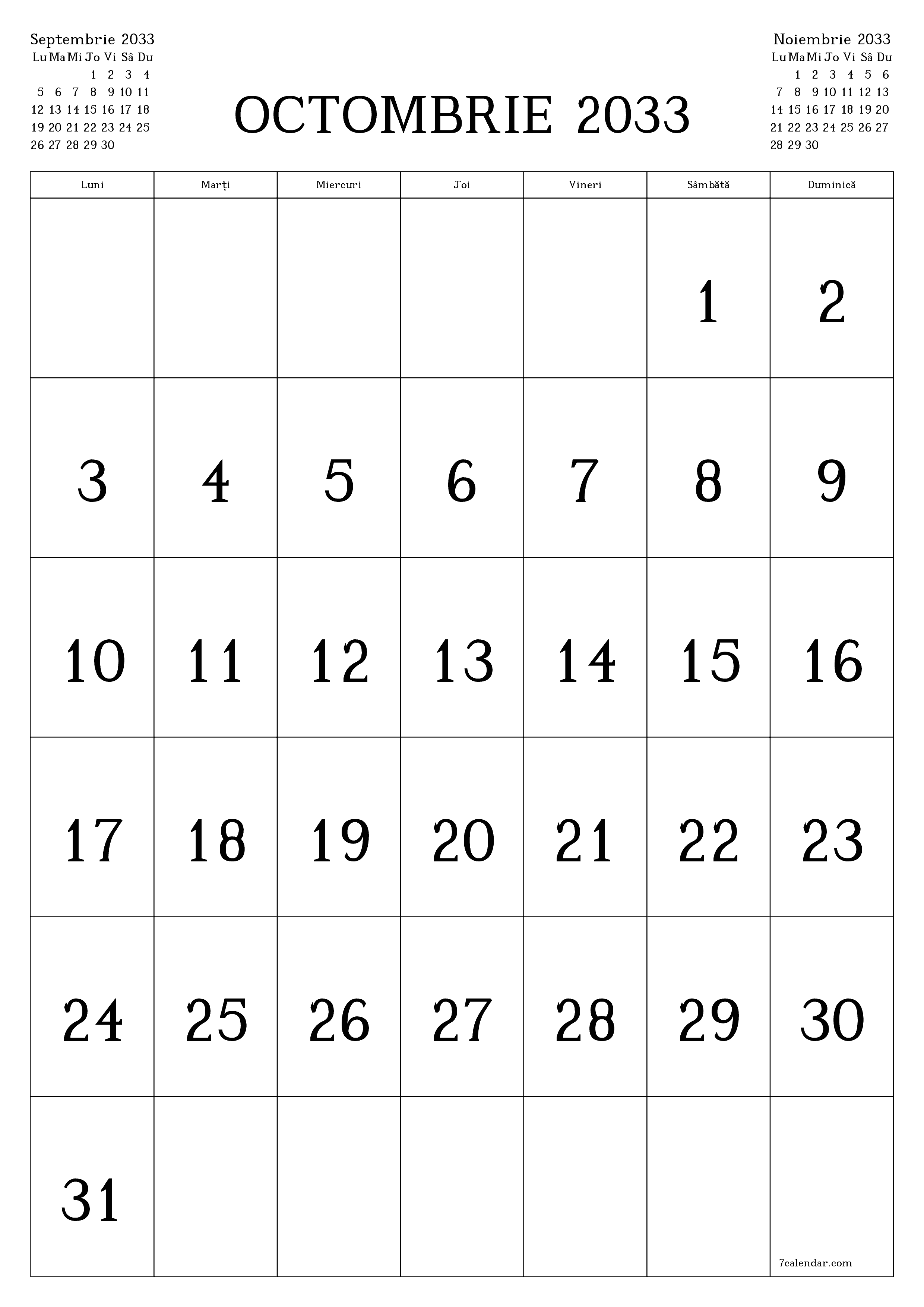  imprimabil de perete șablon de gratuitvertical Lunar calendar Octombrie (Oct) 2033