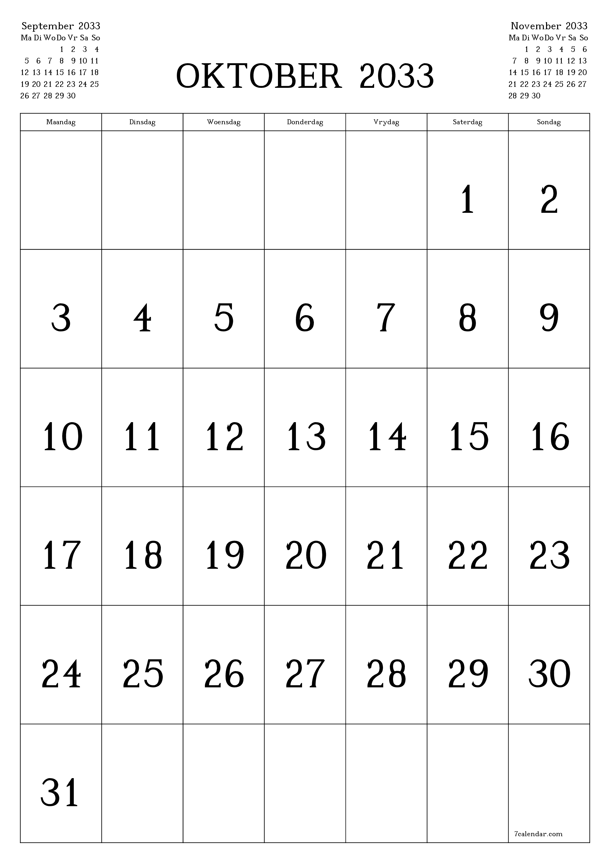 drukbare muur template gratis vertikaal Maandeliks kalender Oktober (Okt) 2033