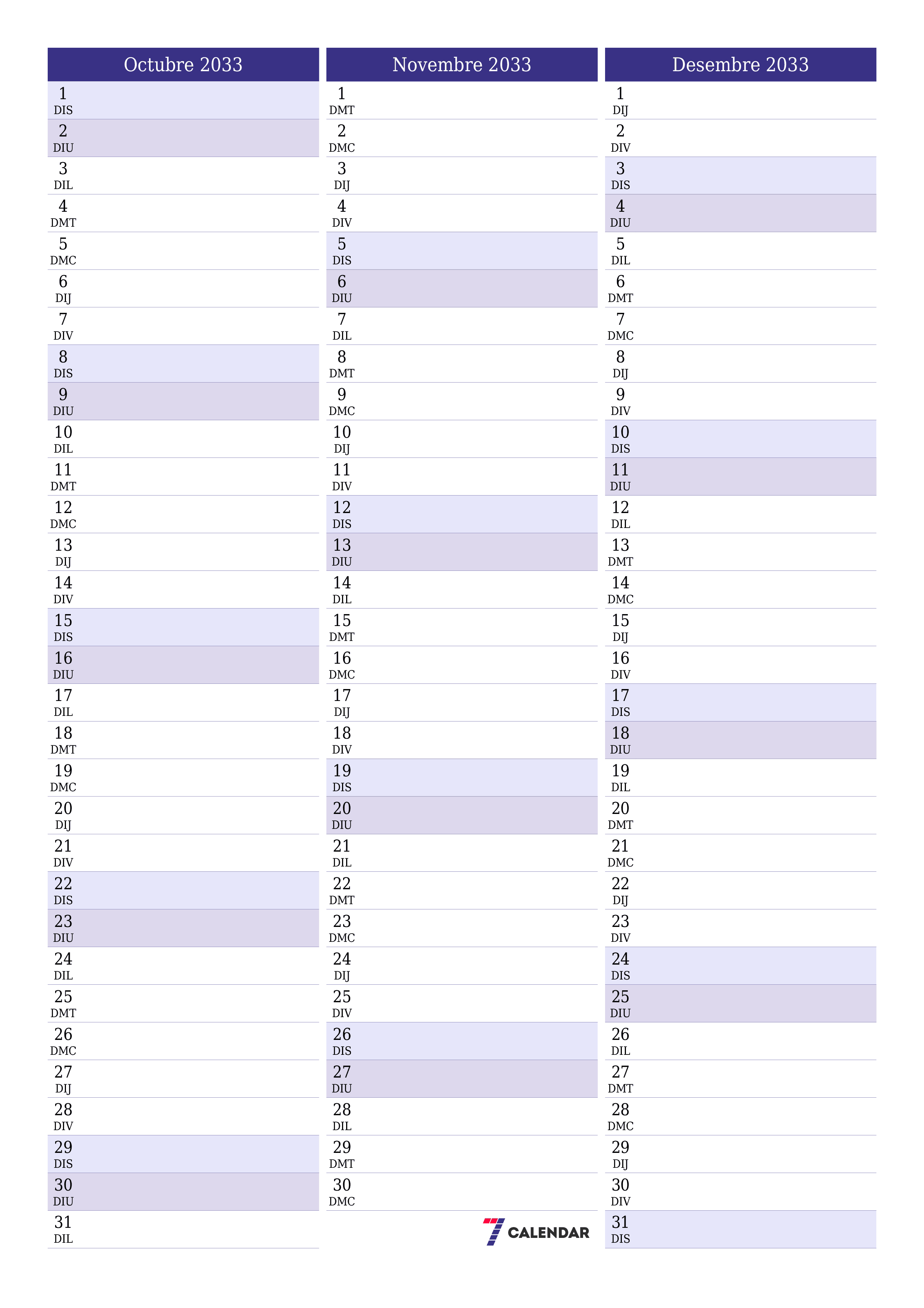 Planificador mensual buit del mes Octubre 2033 amb notes, deseu-lo i imprimiu-lo en format PDF PNG Catalan