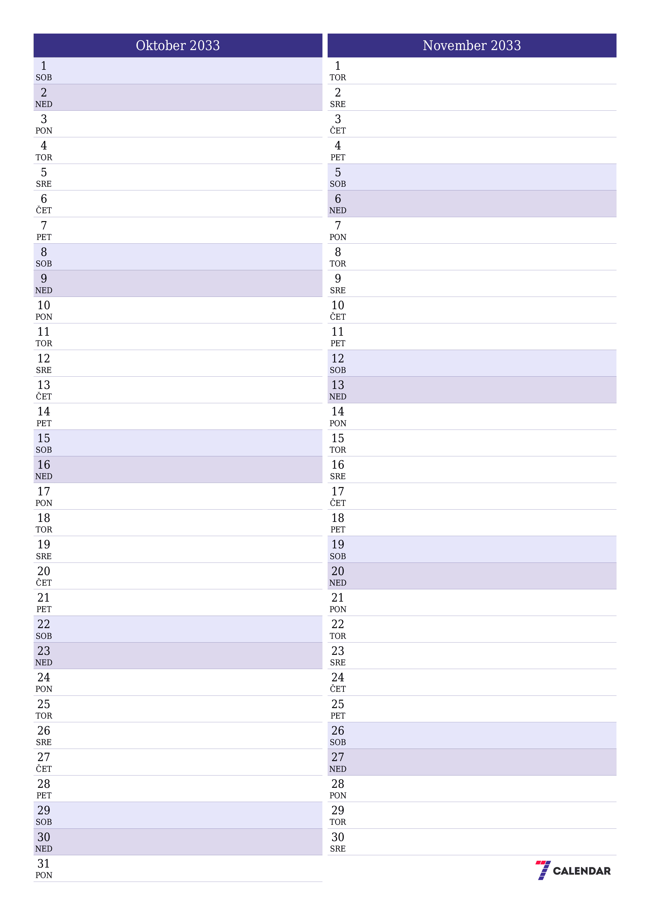 Prazen mesečni načrtovalec koledarja za mesec Oktober 2033 z opombami, natisnjenimi v PDF PNG Slovenian