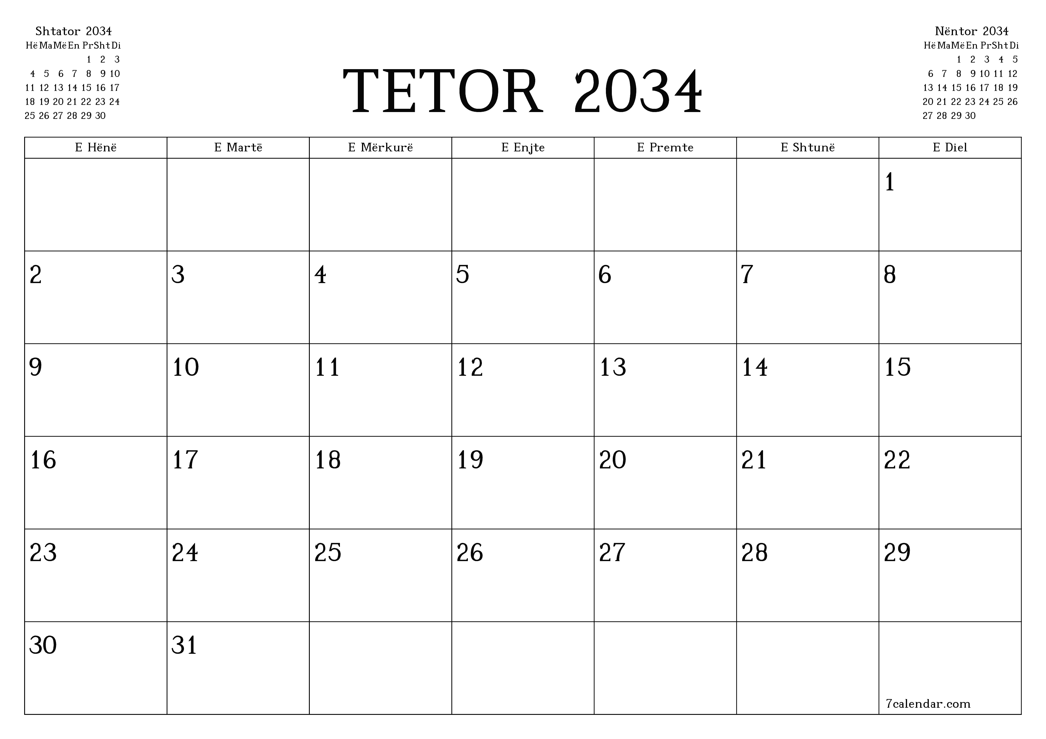 Planifikuesi i zbrazët i kalendarit mujor për muajin Tetor 2034 me shënime të ruajtura dhe të printuara në PDF PNG Albanian