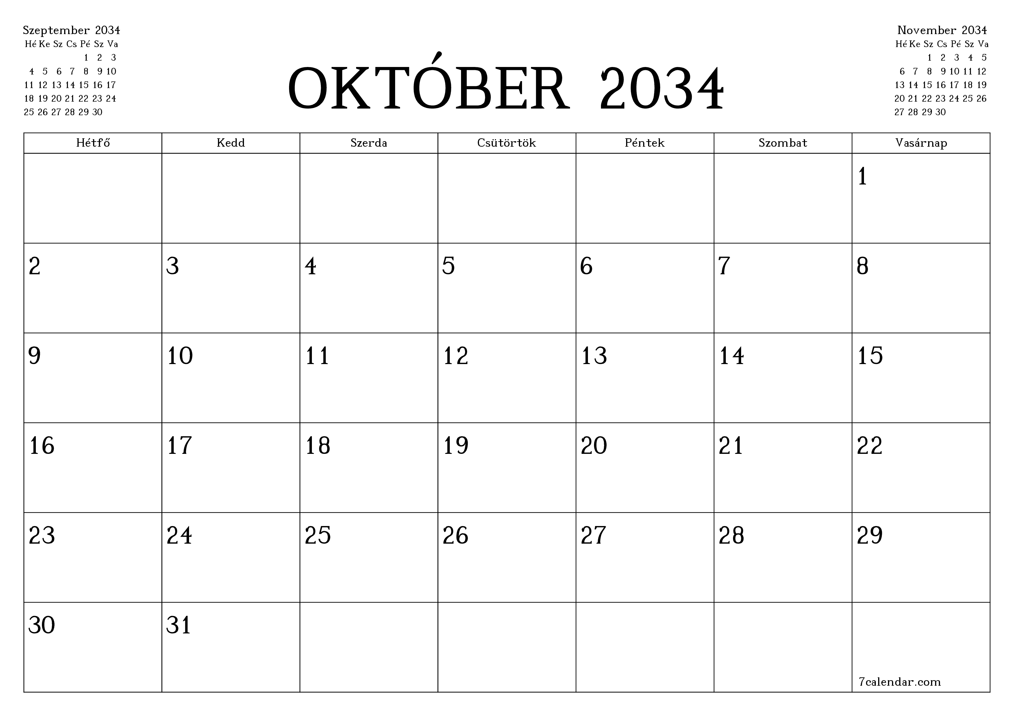 Üres havi tervező a Október 2034 hónapra jegyzetekkel, mentés és nyomtatás PDF-be PNG Hungarian