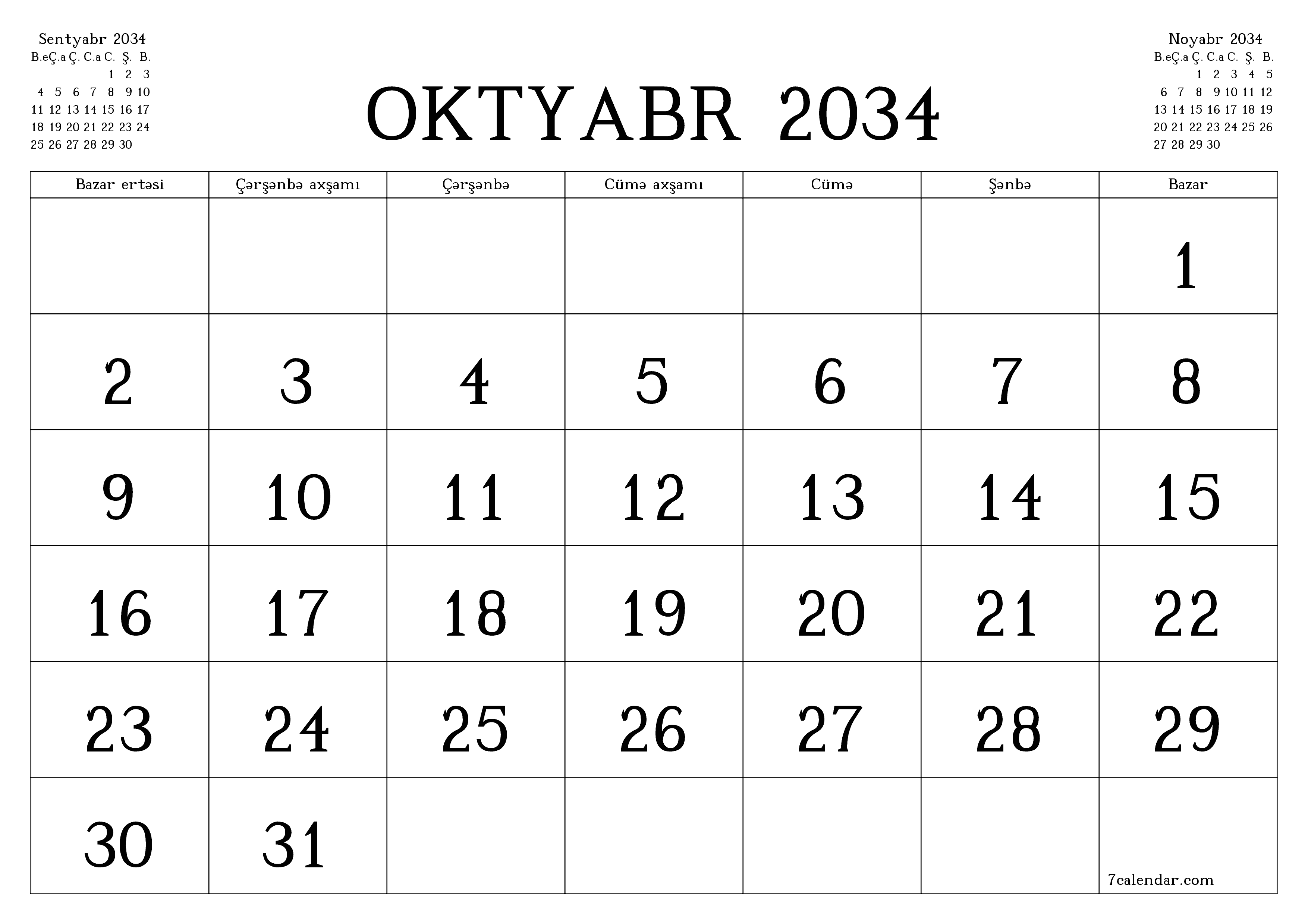 Oktyabr 2034 ayı üçün qeydlər ilə boş aylıq planlayıcı, qeyd edin və PDF-ə yazdırın PNG Azerbaijani