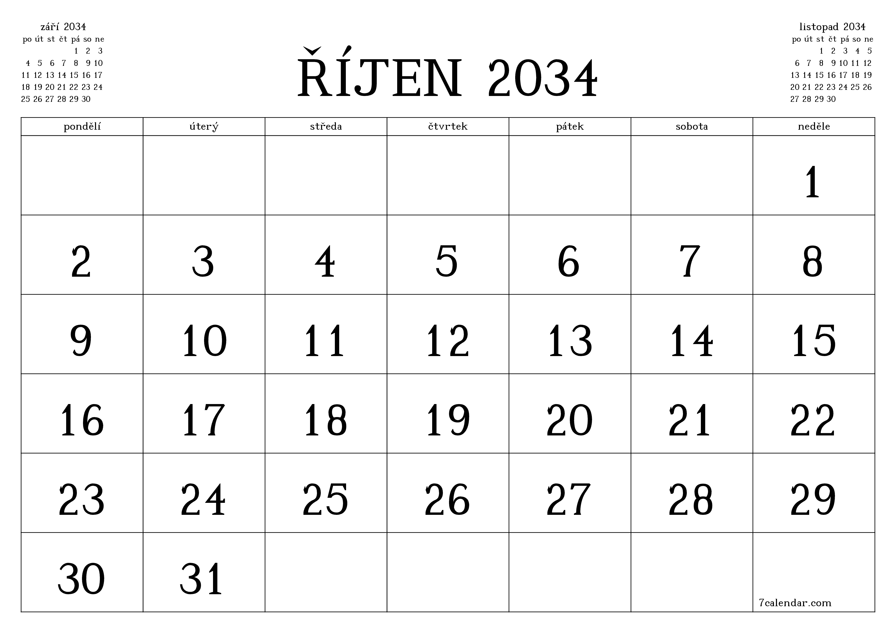 Vyprázdnit měsíční plánovač na měsíc říjen 2034 s poznámkami, uložit a vytisknout do PDF PNG Czech