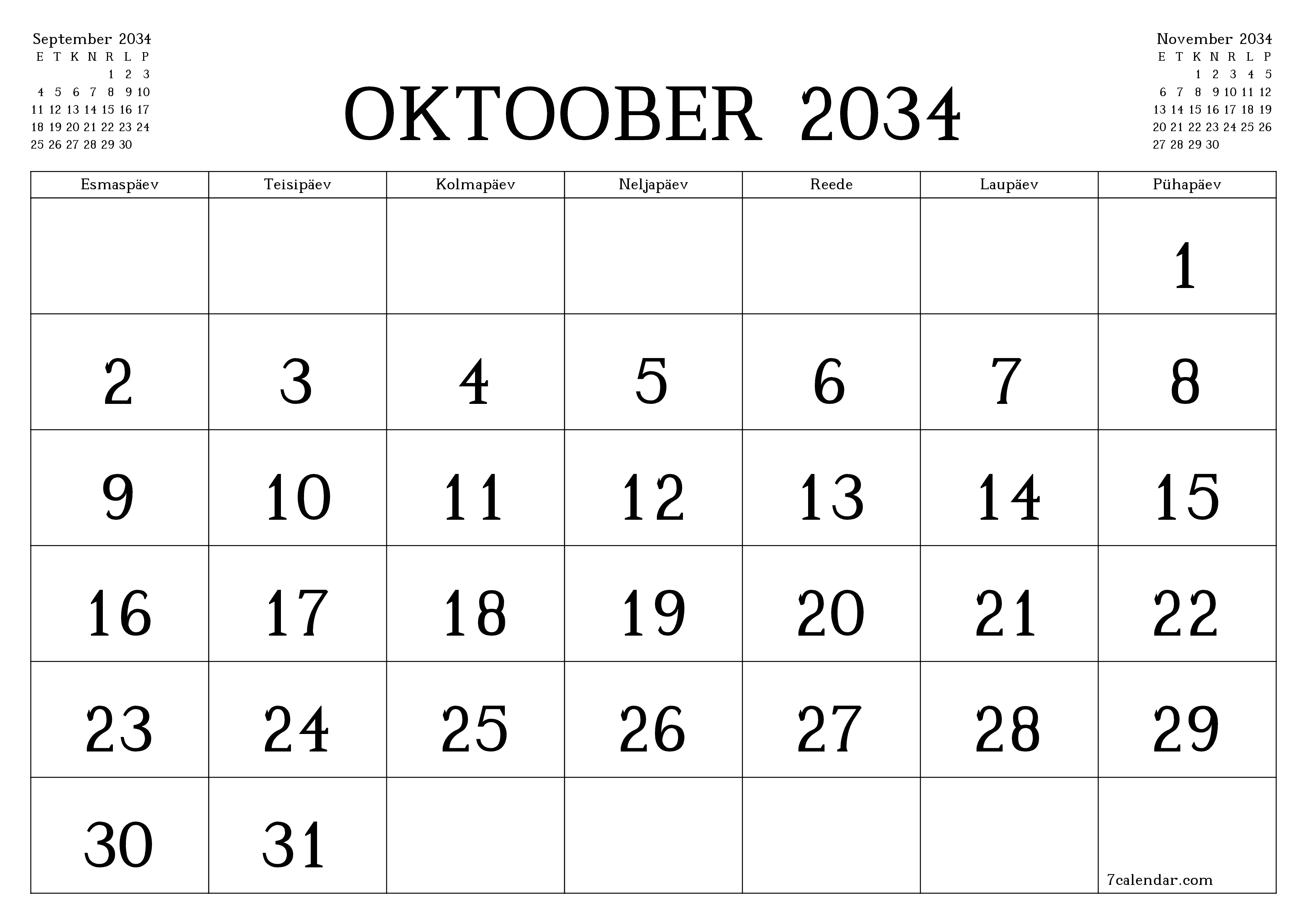 Tühjendage kuu Oktoober 2034 kuuplaneerija märkmetega, salvestage ja printige PDF-i PNG Estonian